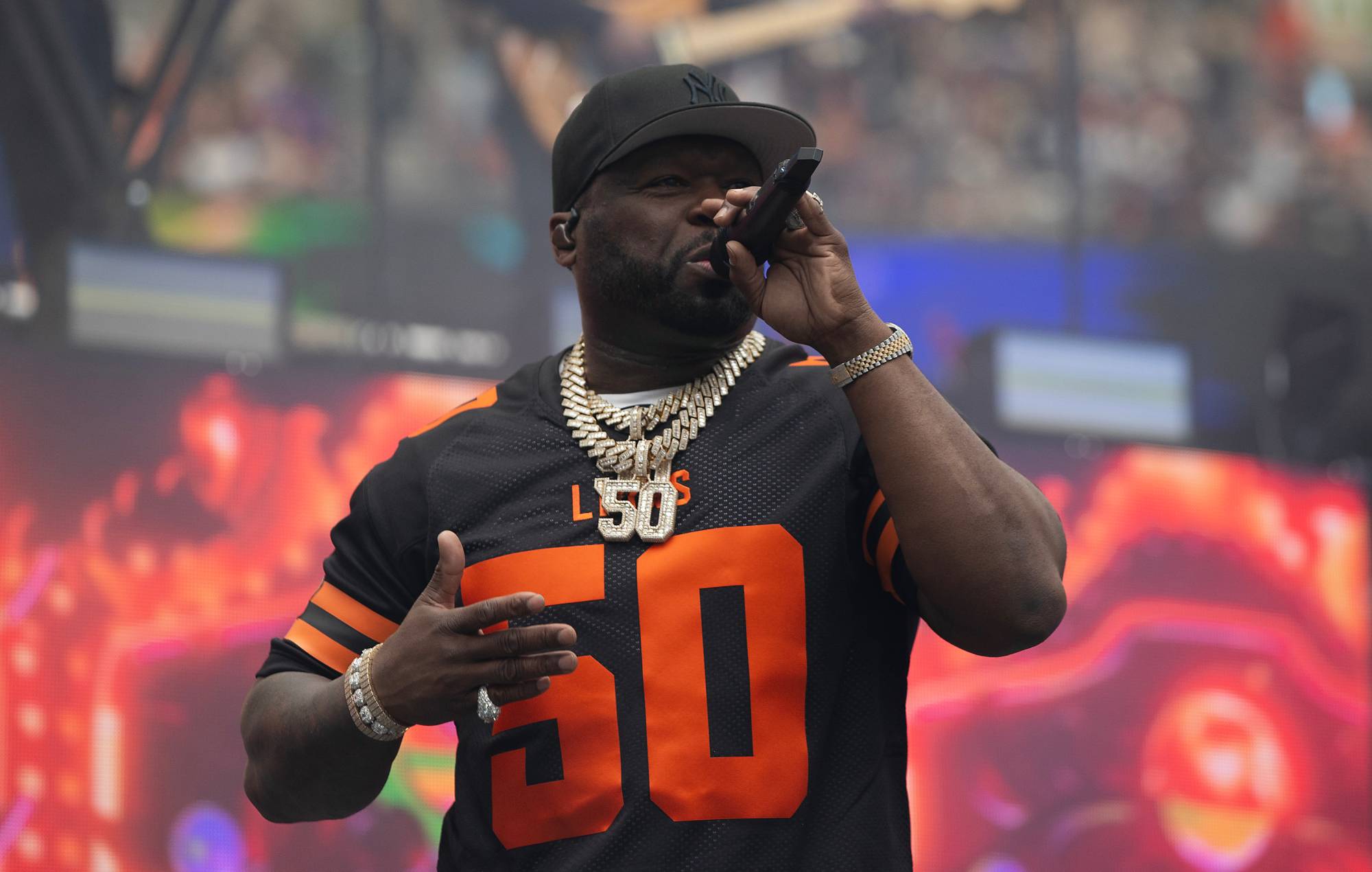  50 Cent performs on stage during the pre-game concert ahead of BC Lions season kick off game against Calgary Stampeders at BC Place on June 15, 2024 in Vancouver, British Columbia, Canada. (Photo by Andrew Chin/Getty Images)