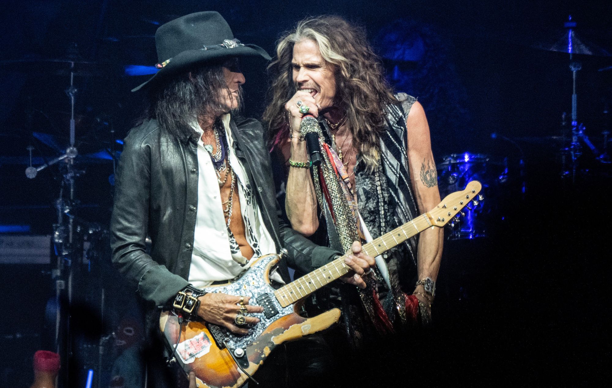 Joe Perry and Steven Tyler perform live on stage during Aerosmith's final tour