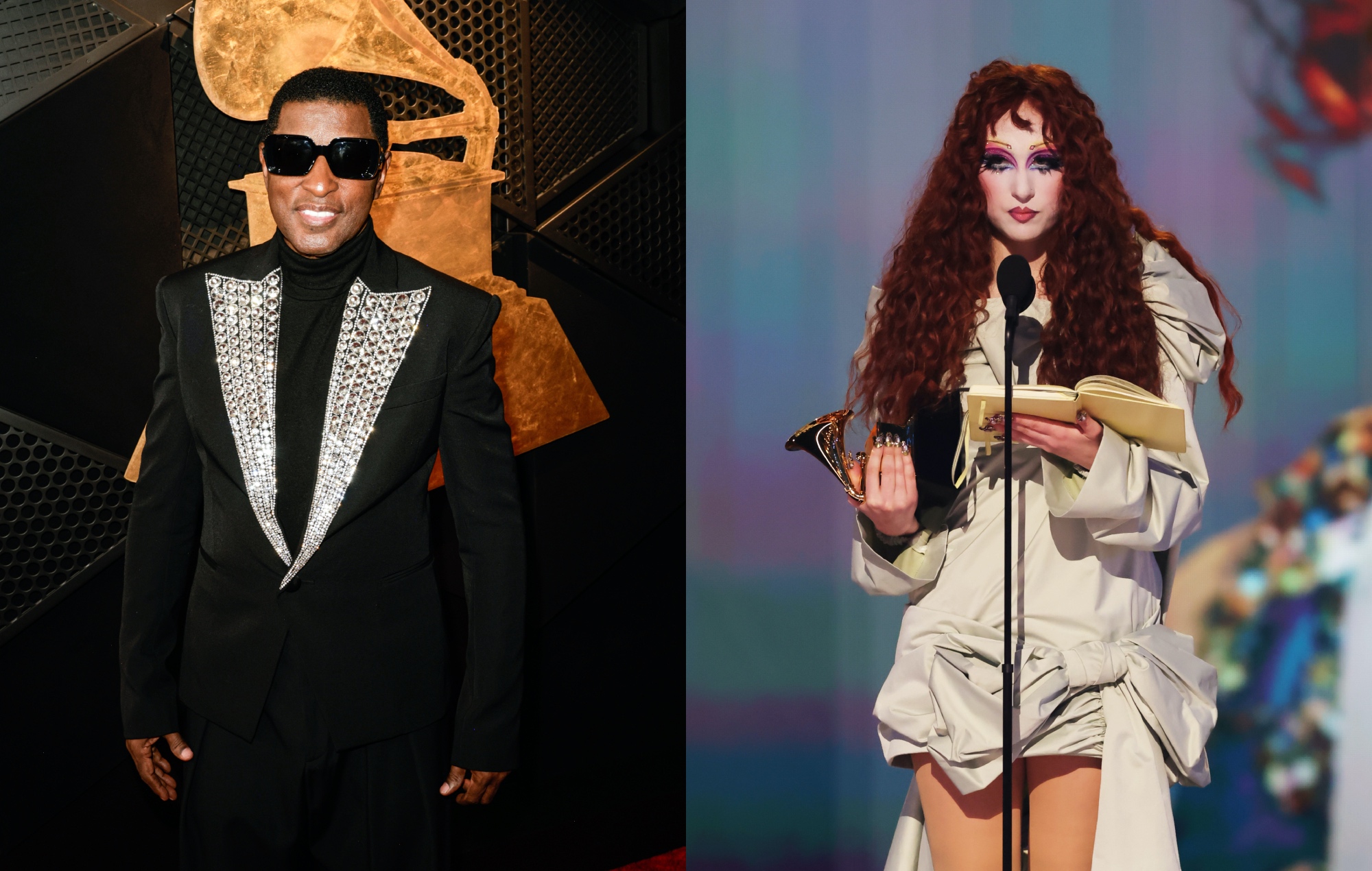two side by side photos of Babyface (left) and Chappell Roan (right) at the Grammys 2025