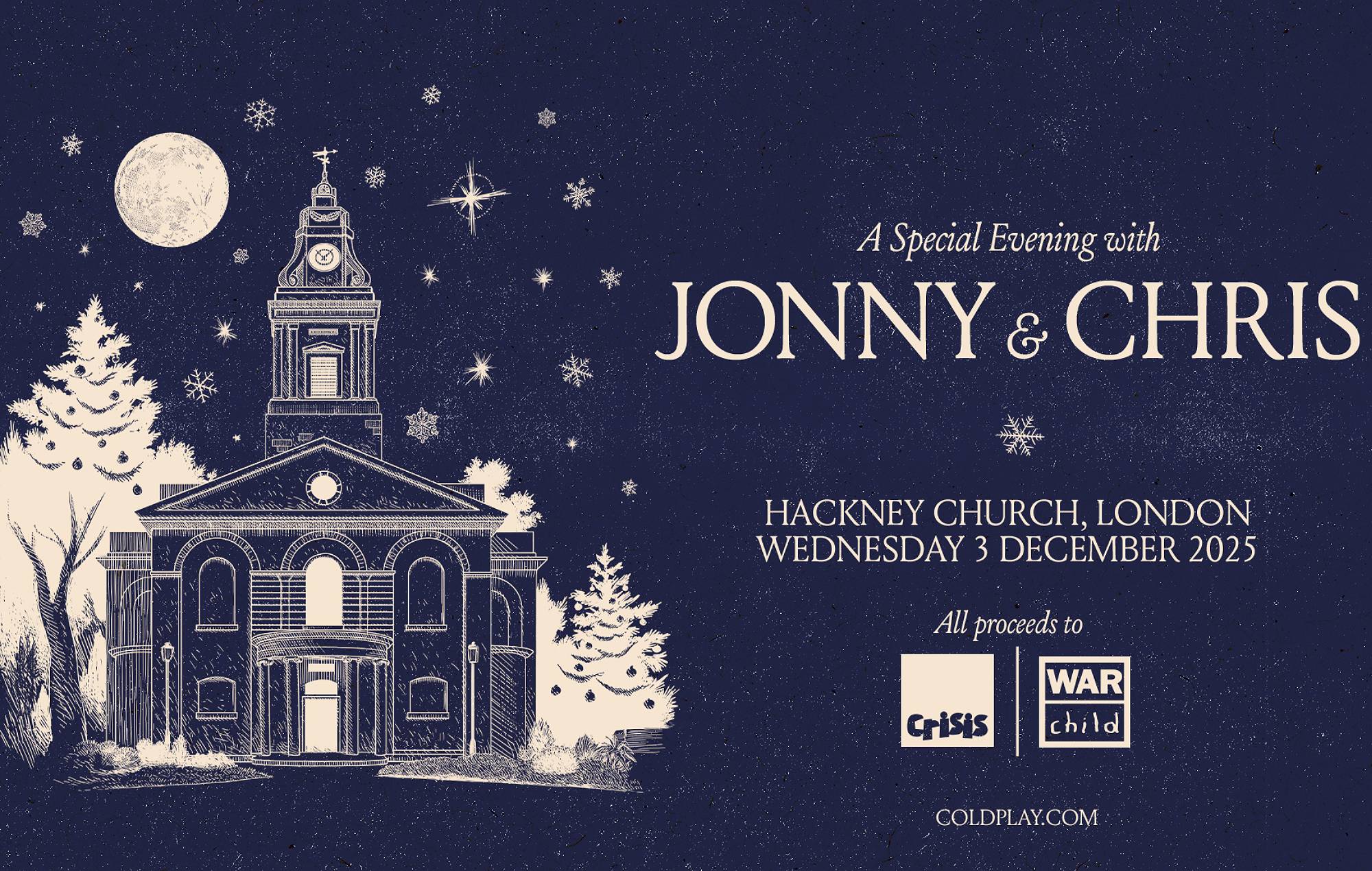 Coldplay's Jonny Buckland and Chris Martin have announced details of an intimate London charity gig for Crisis and War Child. Credit: Press