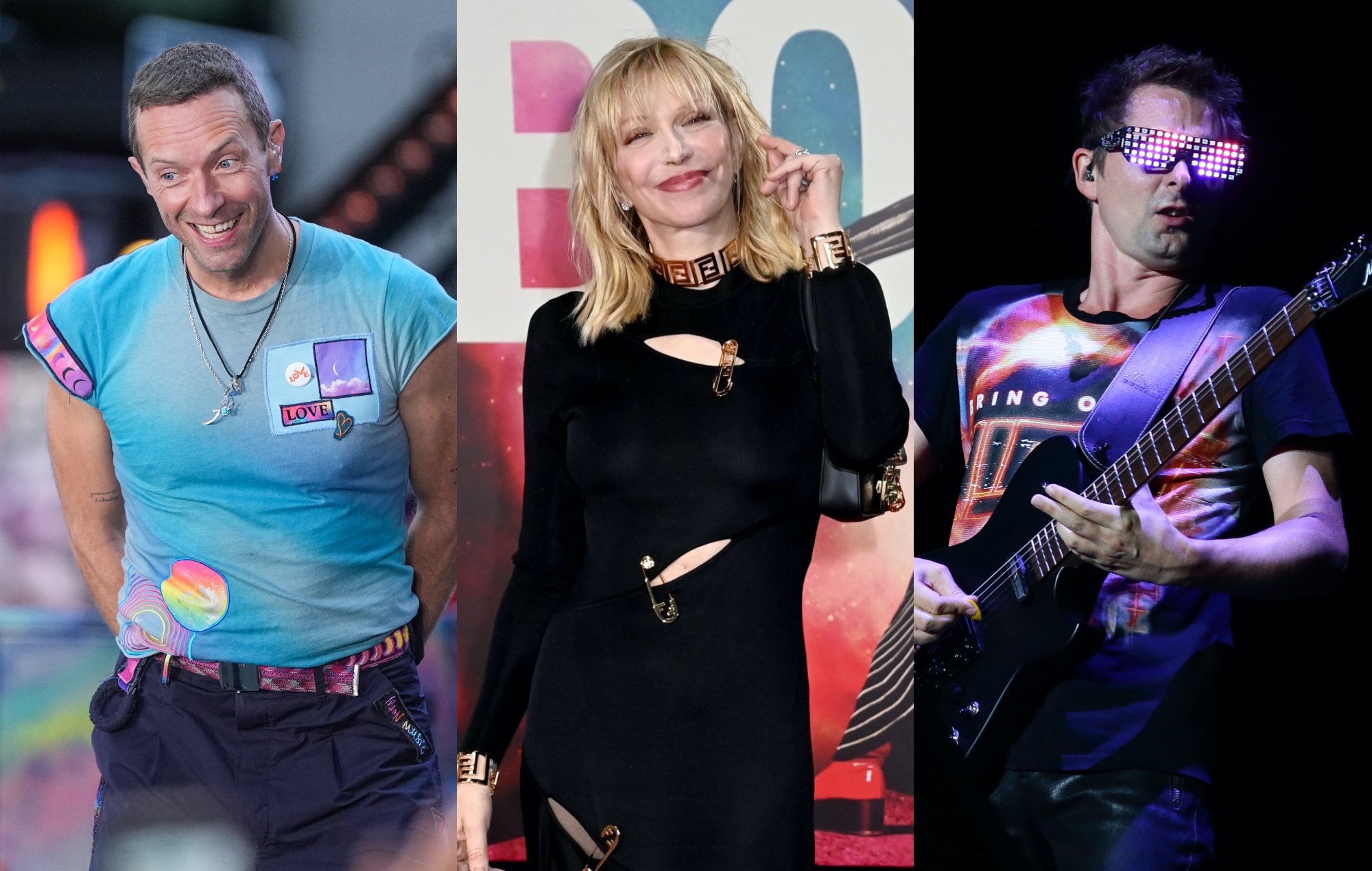 three side by side images of Chris Martin of Coldplay (left), Courtney Love (centre) and Matt Bellamy of Muse (right)