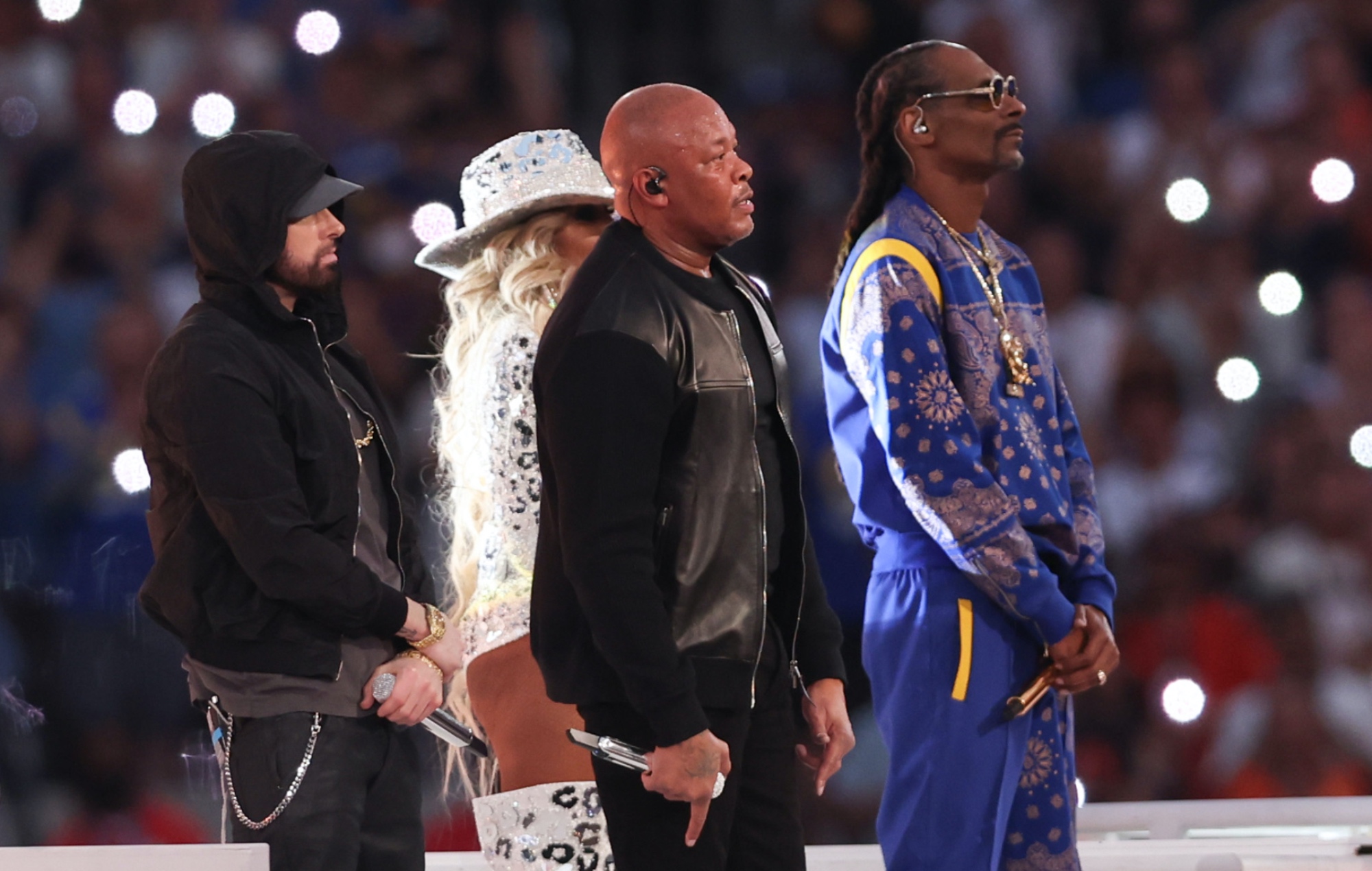 Eminem, Dr Dre and Snoop Dogg performing live on-stage as part of the 2022 Super Bowl Halftime Show at the SoFi Stadium in Inglewood, California