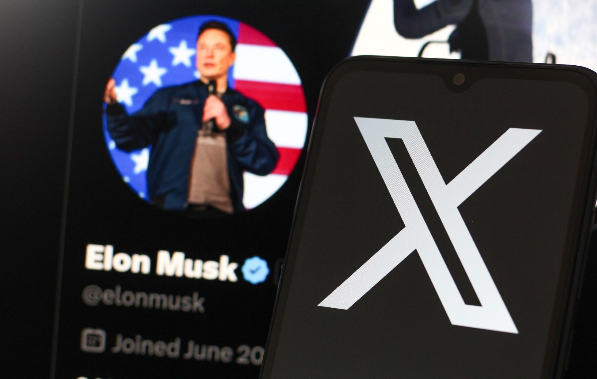 Elon Musk's X account and logo.