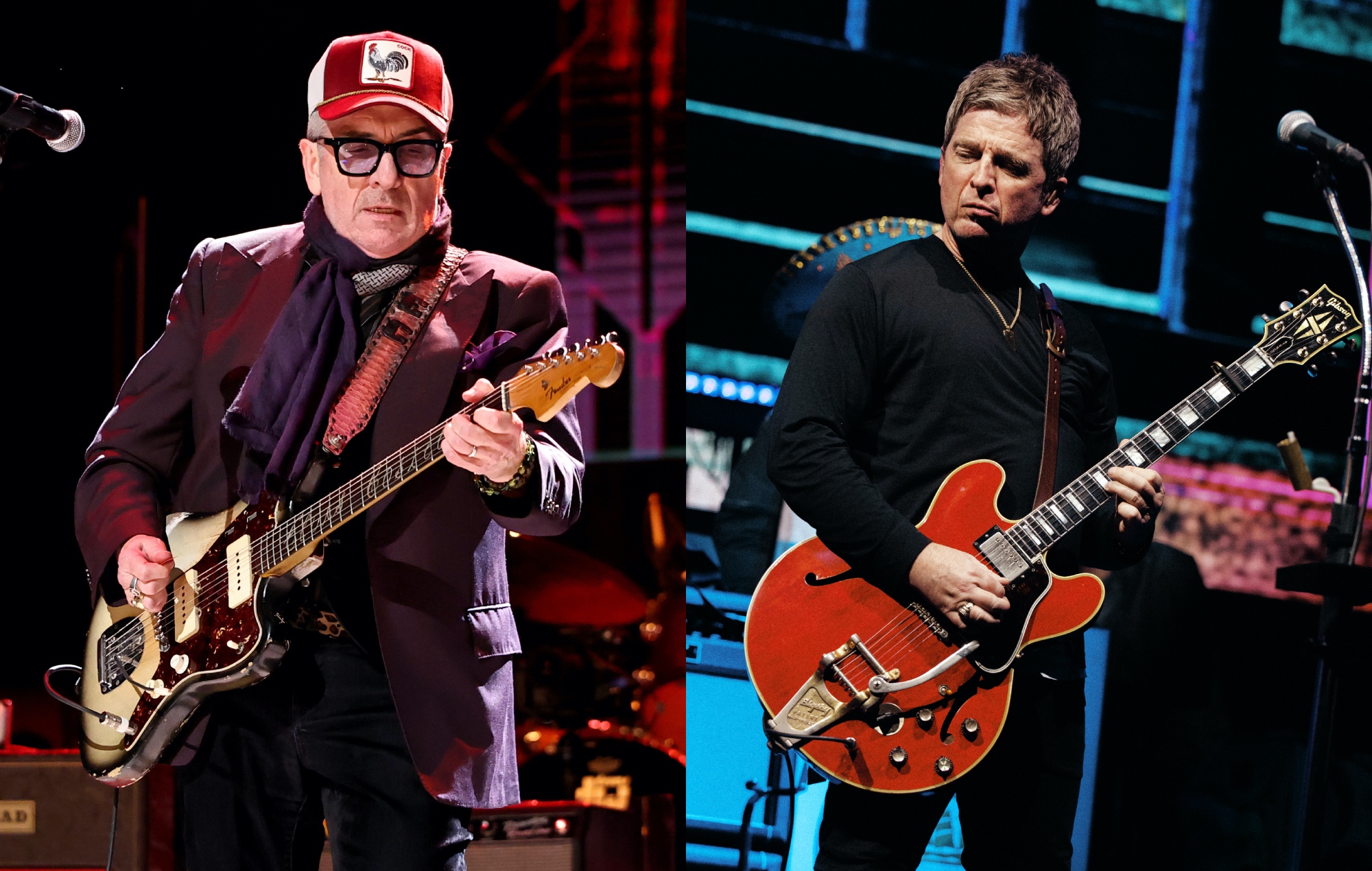 two side by side photographs of Elvis Costello (left) and Oasis' Noel Gallagher (right) performing live on stage