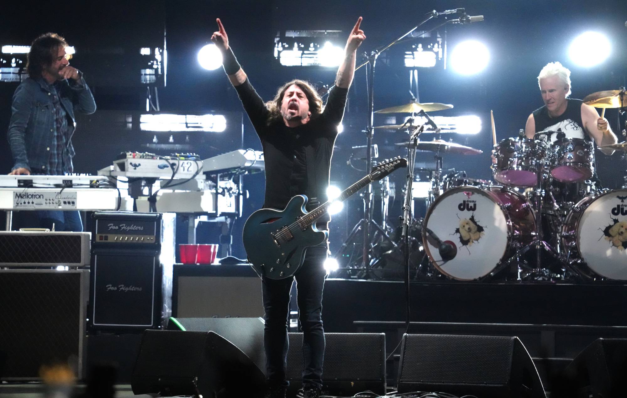 Rami Jaffee, Dave Grohl and Josh Freesel of The Foo Fighters performs at the Ohana Music Festival on October 1, 2023 in Dana Point, California. Credit: Jeff Kravitz/GETTY