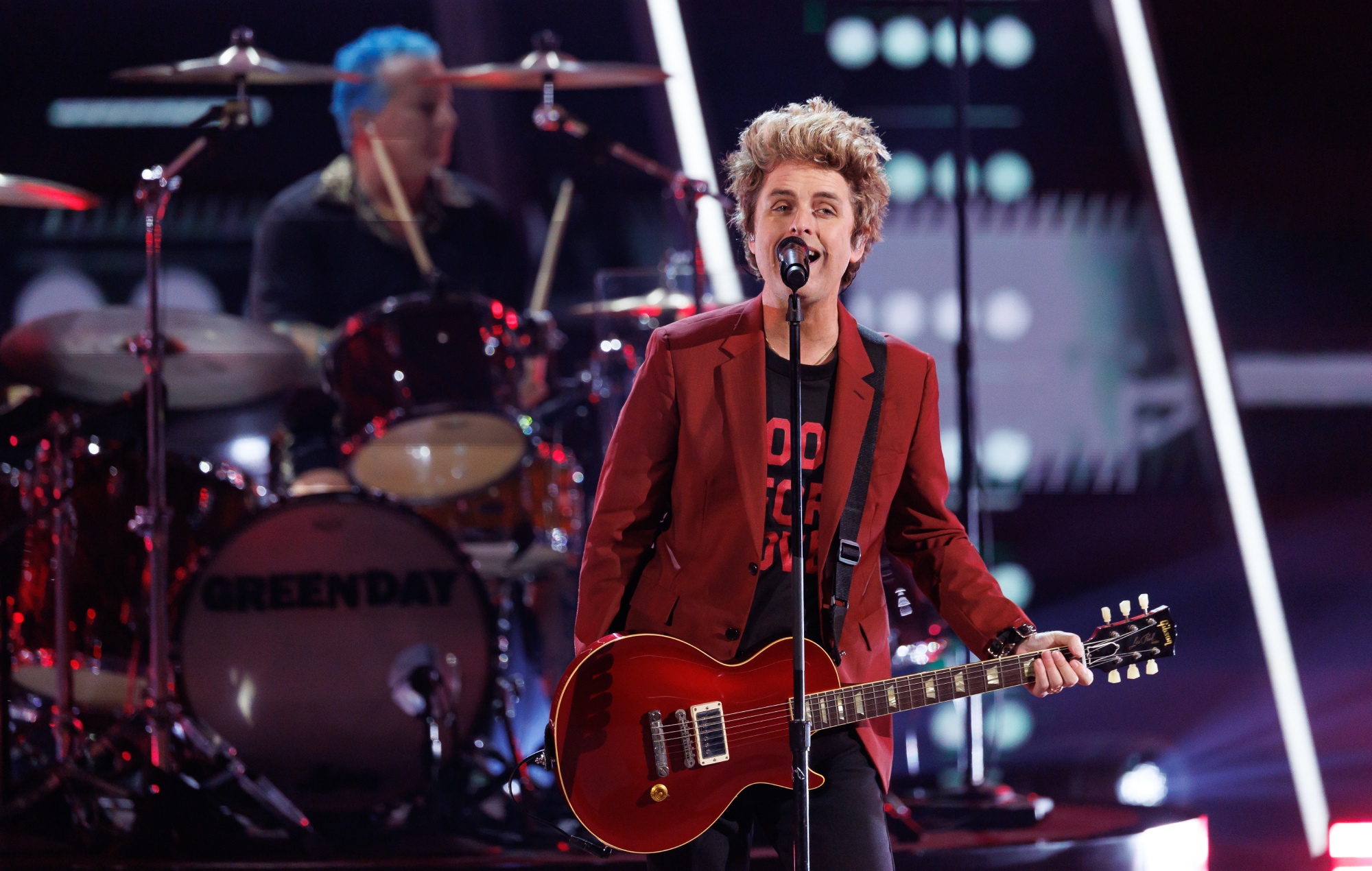 Green Day performing live on stage