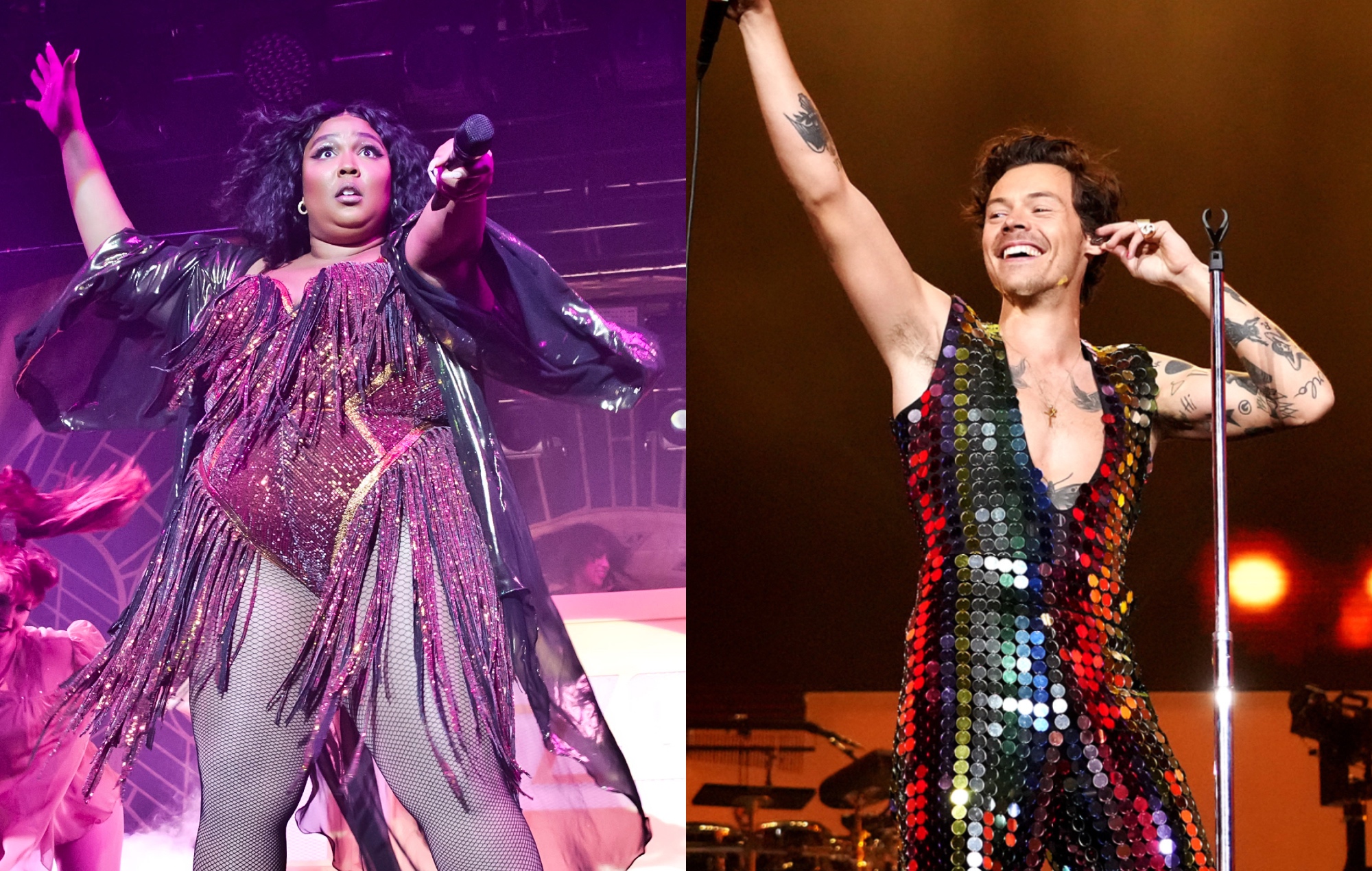 side-by-side images of Lizzo and Harry Styles performing live