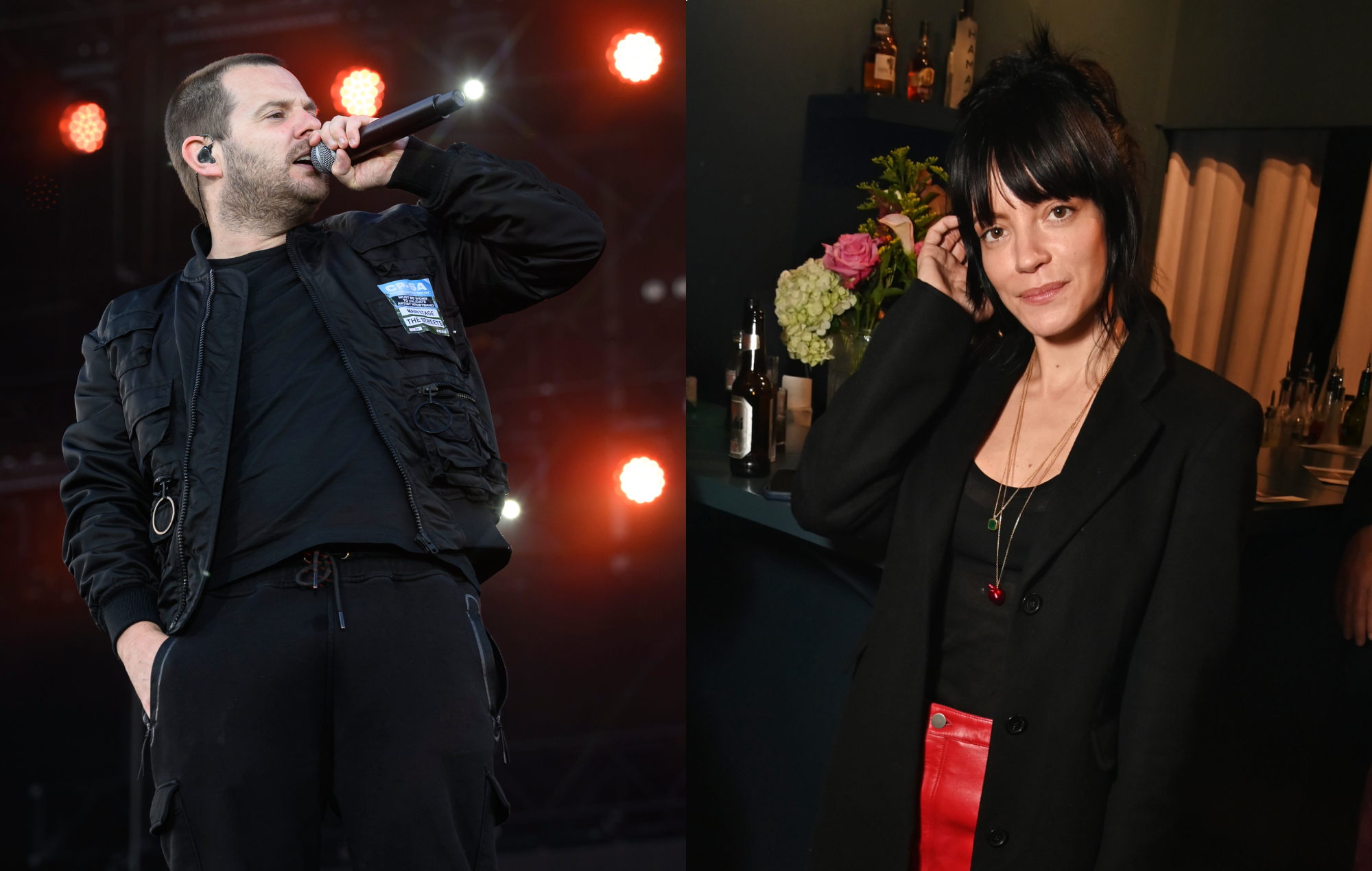 two side by side photographs of Mike Skinner (left) and Lily Allen (right)