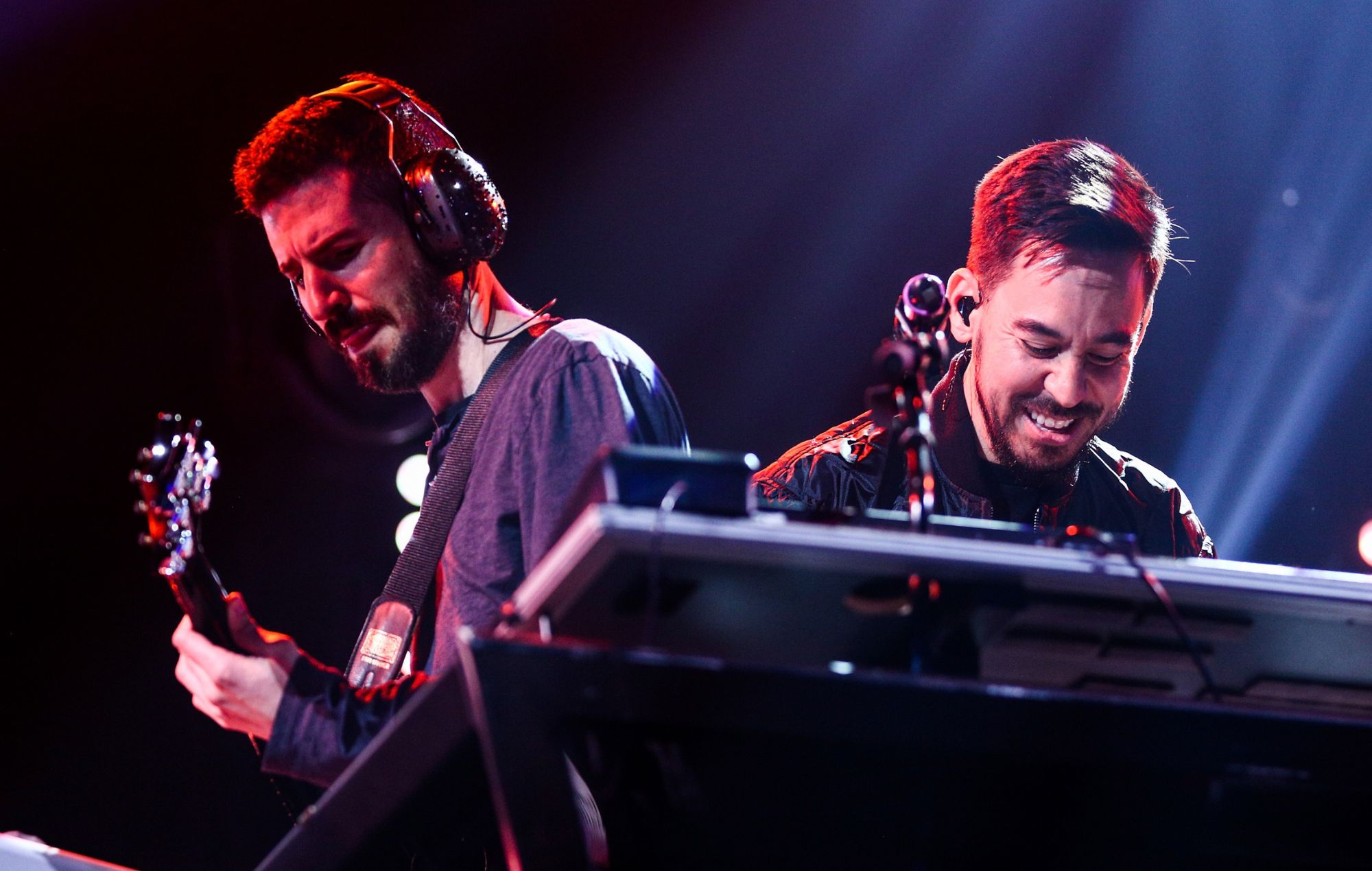 Brad Delson (L) and Mike Shinoda of Linkin Park