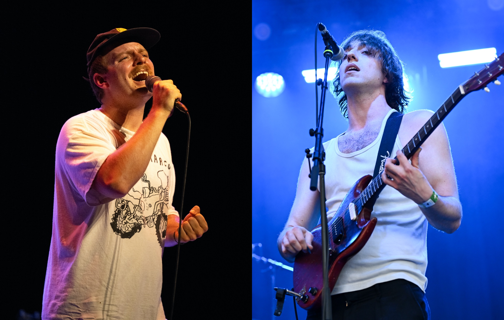 two side by side photographs of Mac DeMarco (left) and Geese's Cameron Winter (right) performing live on stage