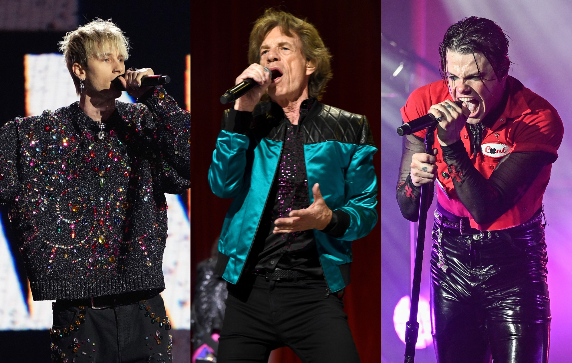 side-by-side images of Machine Gun Kelly, Mick Jagger and Yungblud performing live