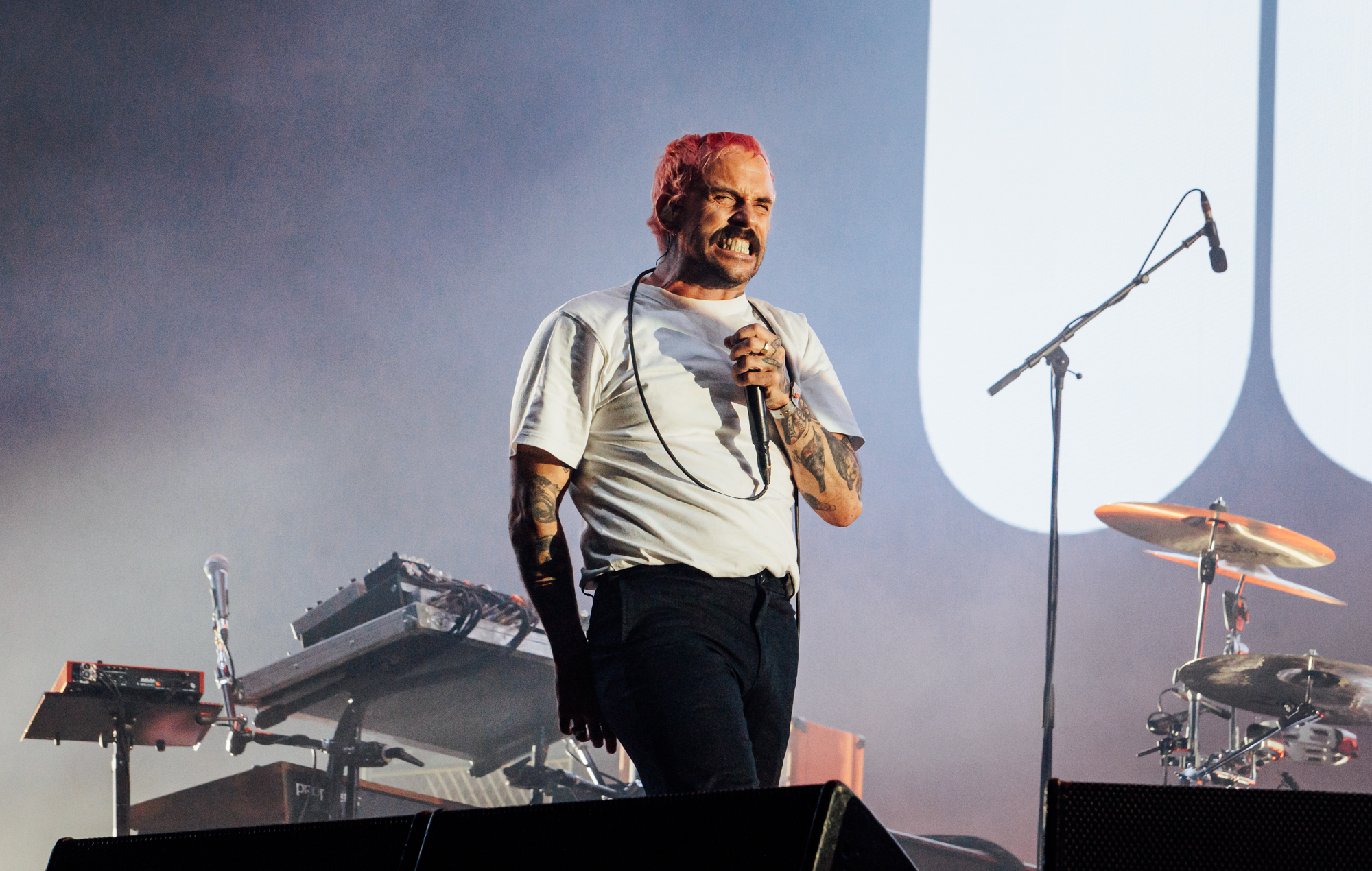 Joe Talbot of IDLES live at Glastonbury 2024, photo by Andy Ford