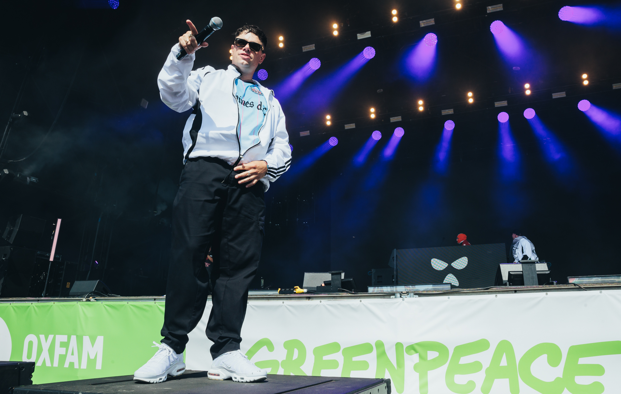 Kneecap's Móglaí Bap performs at Glastonbury 2025, photo by Andy Ford