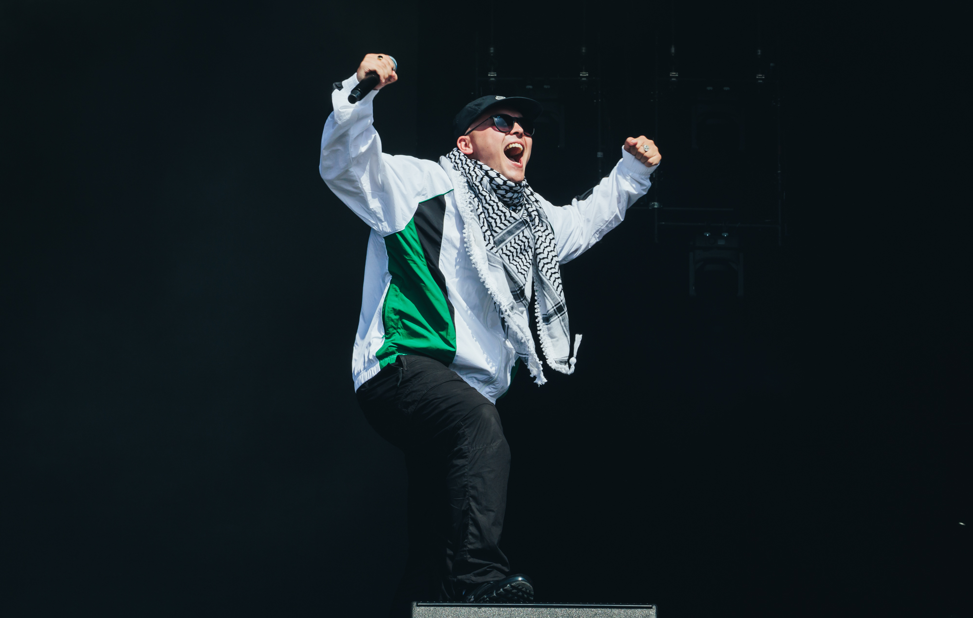 Kneecap's Mo Chara performs at Glastonbury 2025, photo by Andy Ford