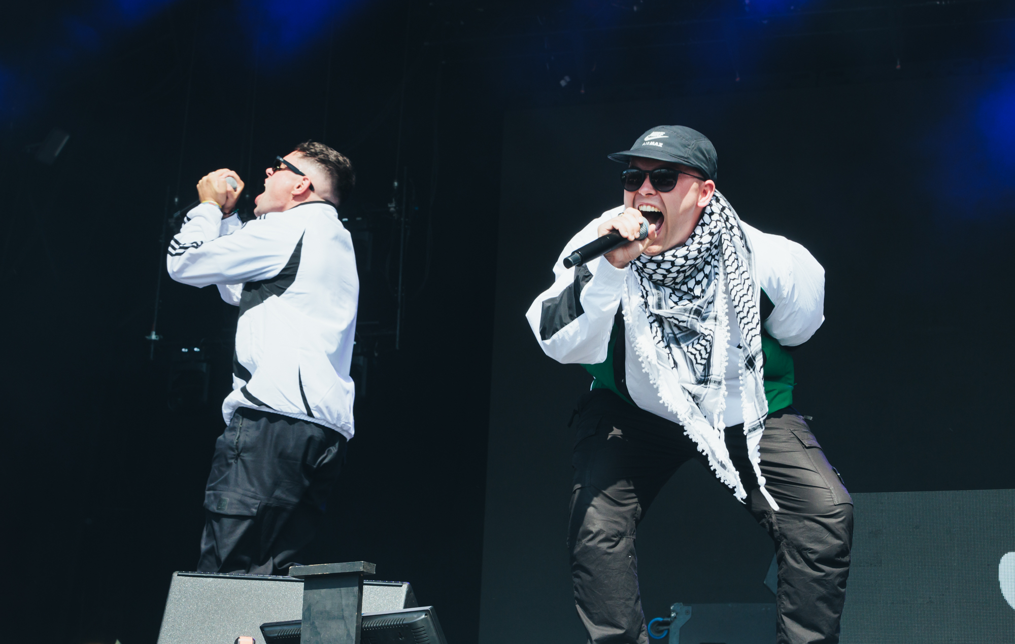 Kneecap's Mo Chara and Móglaí Bap perform at Glastonbury 2025, photo by Andy Ford