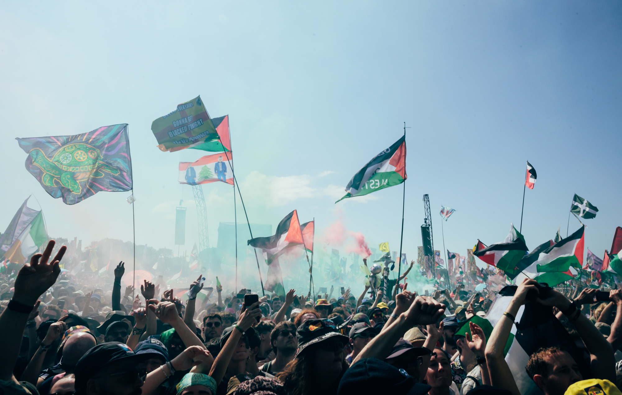 Crowds at the West Holts stage as Kneecap perform at Glastonbury 2025, photo by Andy Ford