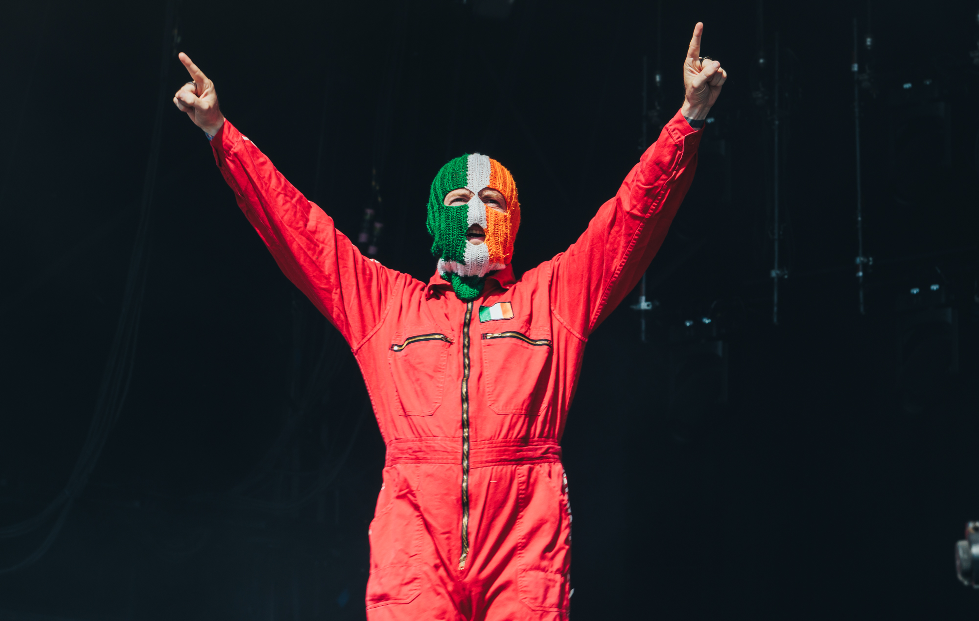 Kneecap's DJ Próvaí at Glastonbury 2025, photo by Andy Ford