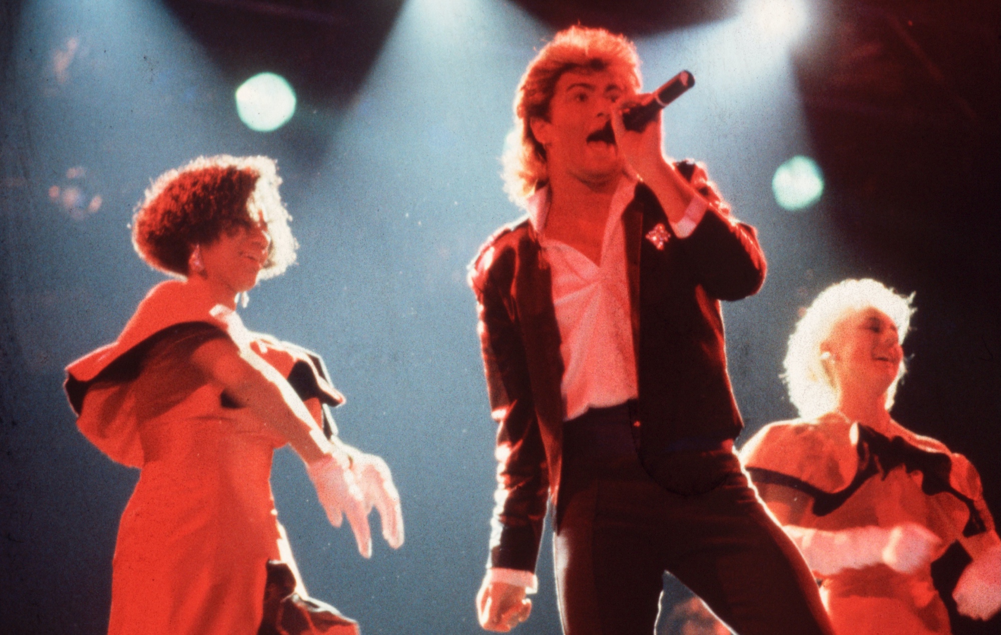George Michael with Pepsi and Shirlie of Wham! in 1984