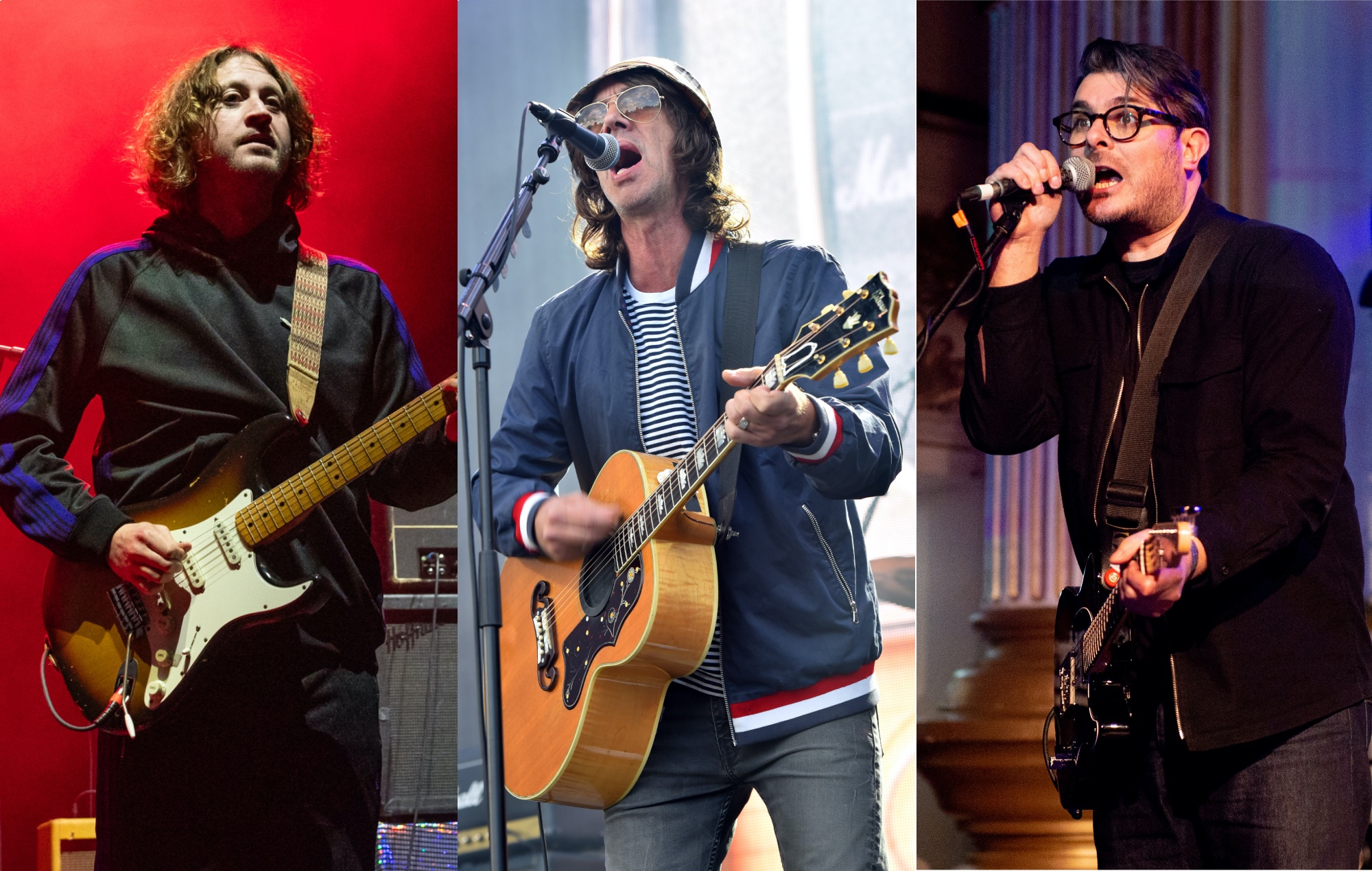 three side by side photographs of Dave McCabe of The Zutons (left), Richard Ashcroft (centre) and Ross Millard of The Futureheads (right) performing live on stage