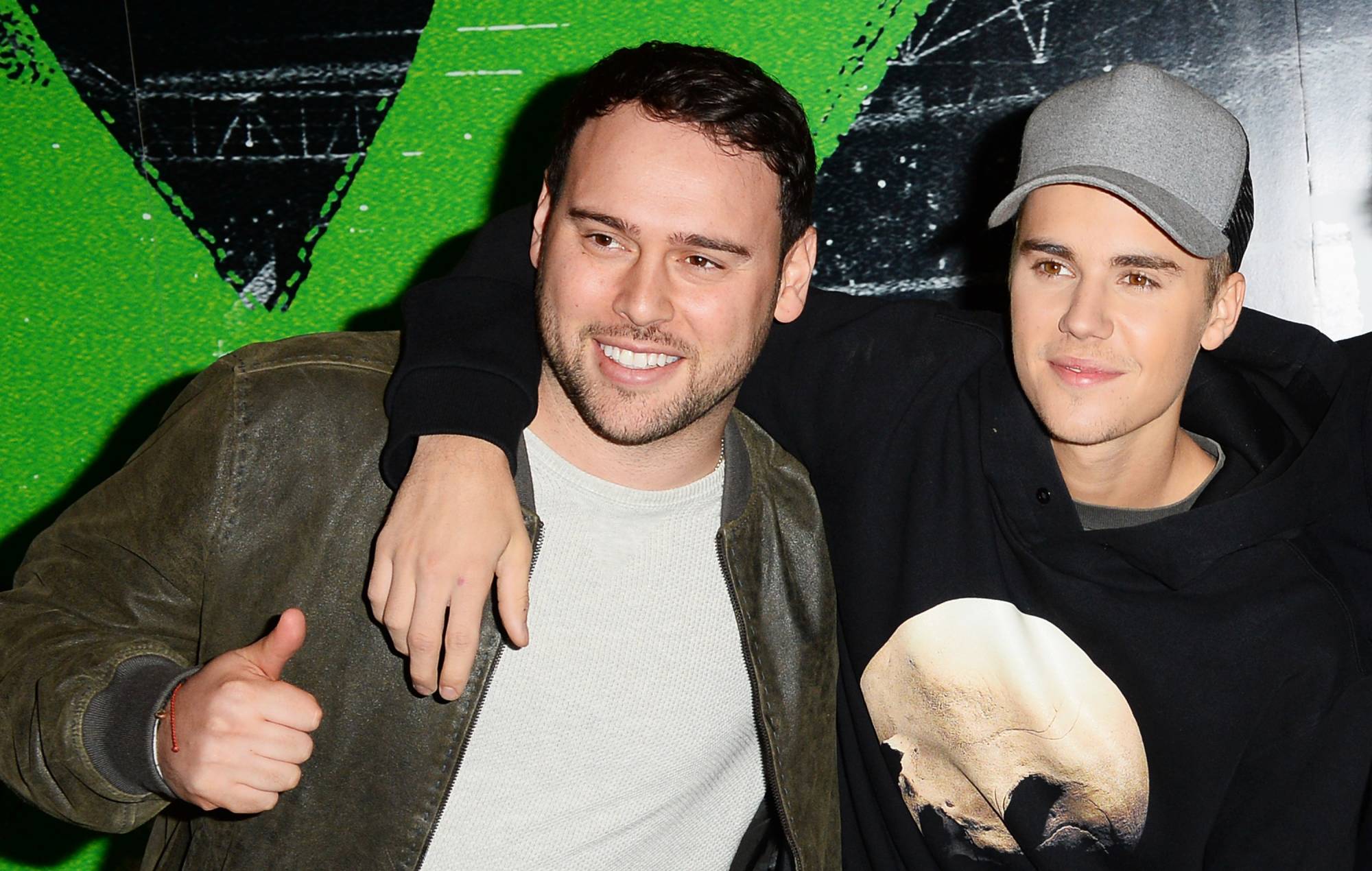 Scooter Braun and Justin Bieber attend the World Premiere of "Ed Sheeran: Jumpers For Goalposts" on October 22, 2015. (Photo by David M. Benett/Dave Benett/WireImage)