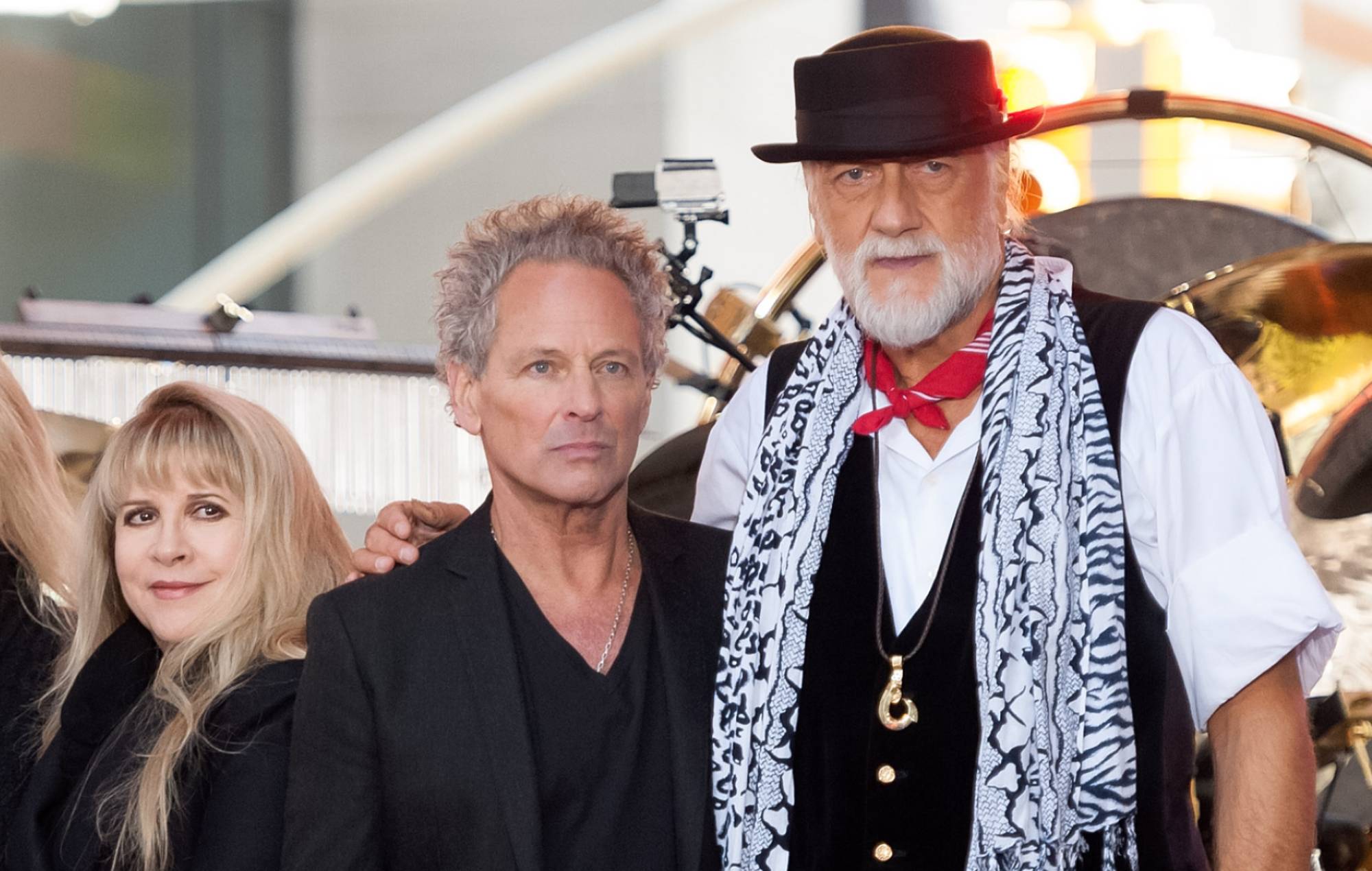 Stevie Nicks, Lindsey Buckingham, and Mick Fleetwood of Fleetwood Mac pose onstage during NBC's "Today" at Rockefeller Plaza on October 9, 2014 in New York City. (Photo by D Dipasupil/FilmMagic)