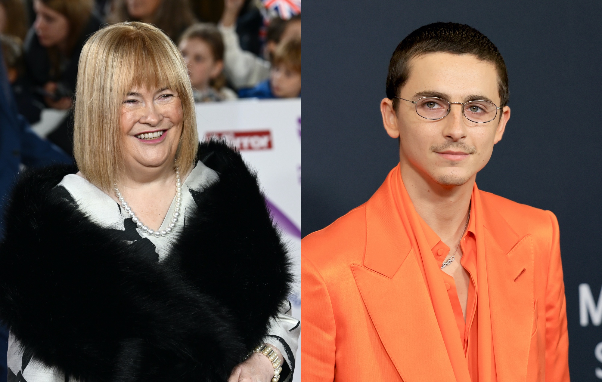 two side by side photographs of Susan Boyle (left) and Timothée Chalamet (right)