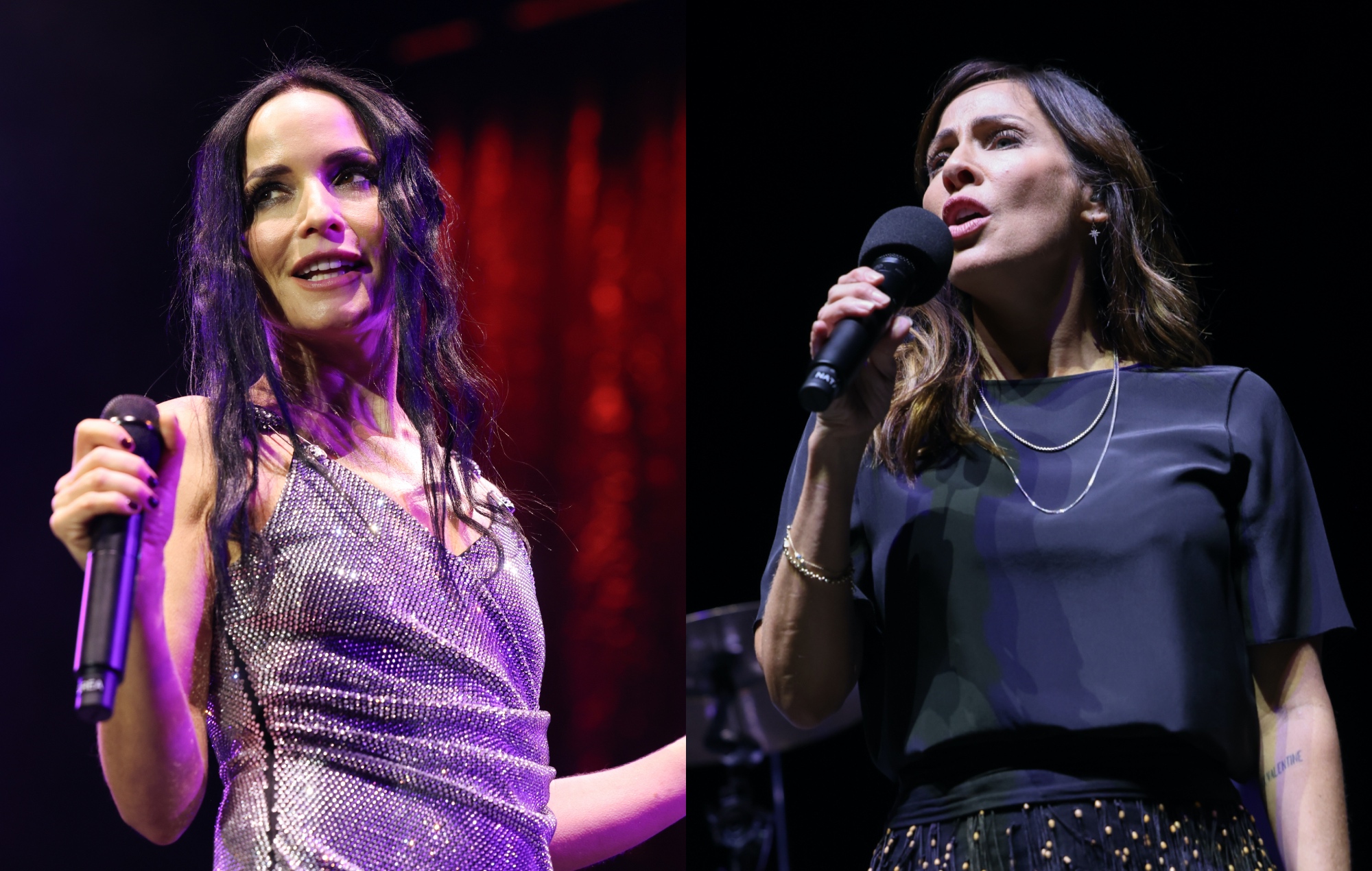 two side by side pictures of Andrea Corr of The Corrs (left) and Natalie Imbruglia (right) performing live on stage