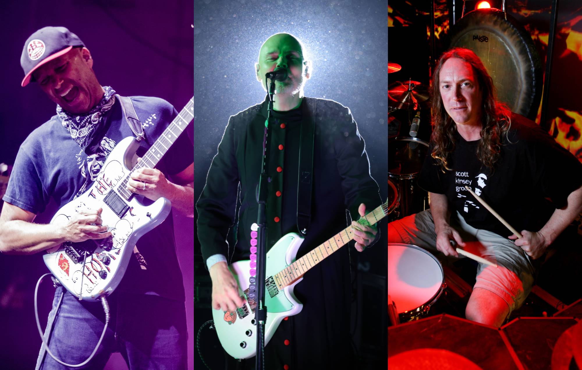 Tom Morello, Billy Corgan and Danny Carey. Credit: Paul Bergen, Franklin Jacome and Richard Ecclestone via GETTY