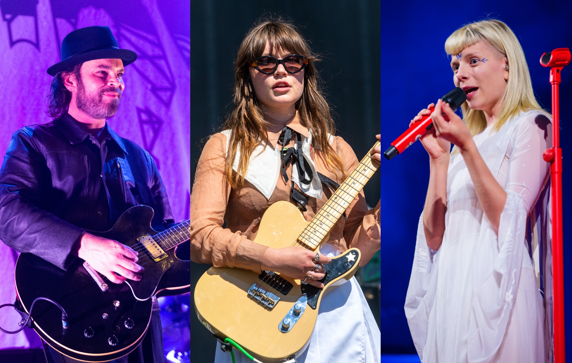 three side by side photographs of Supergrass (left), Wet Leg (centre) and AURORA (right) performing live on stage