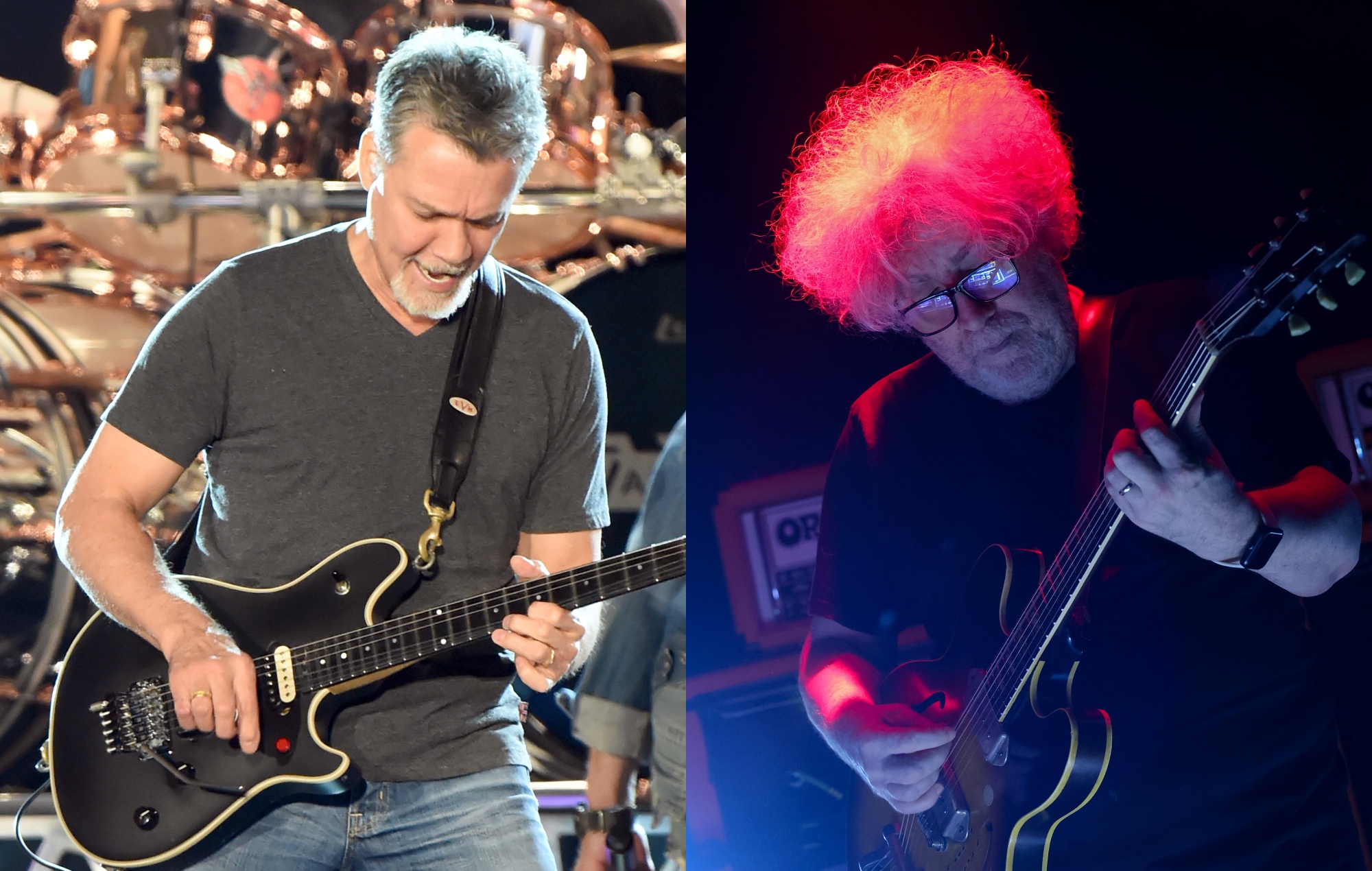two side by side pictures of Eddie Van Halen (left) and The Jesus And Mary Chain's William Reid (right) performing live on stage