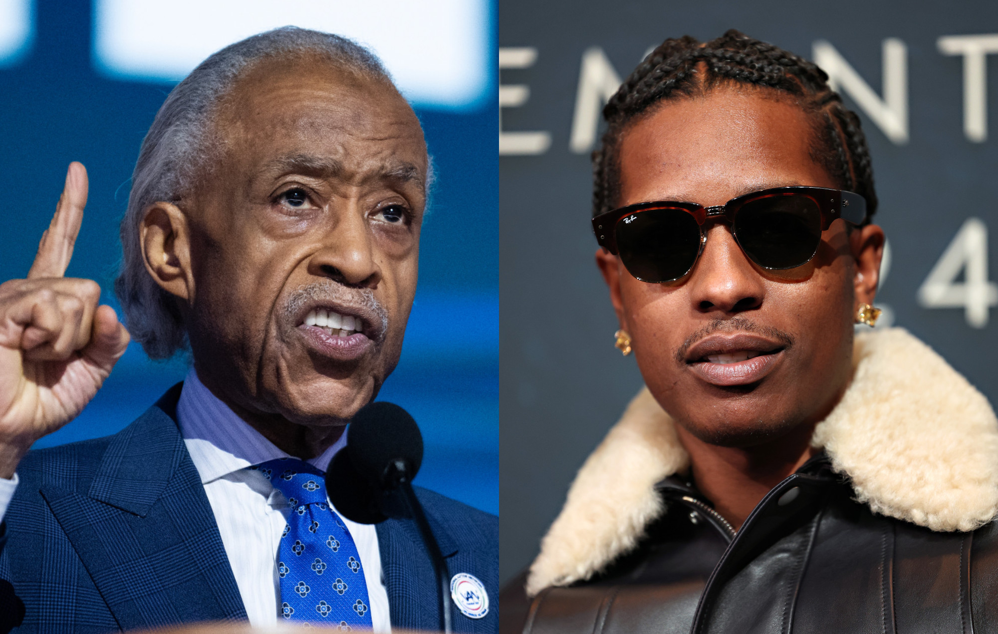 Civil rights activist Al Sharpton and A$AP Rocky. Photo credit: Tom Williams/CQ-Roll Call Inc via Getty Images; Cindy Ord/WireImage