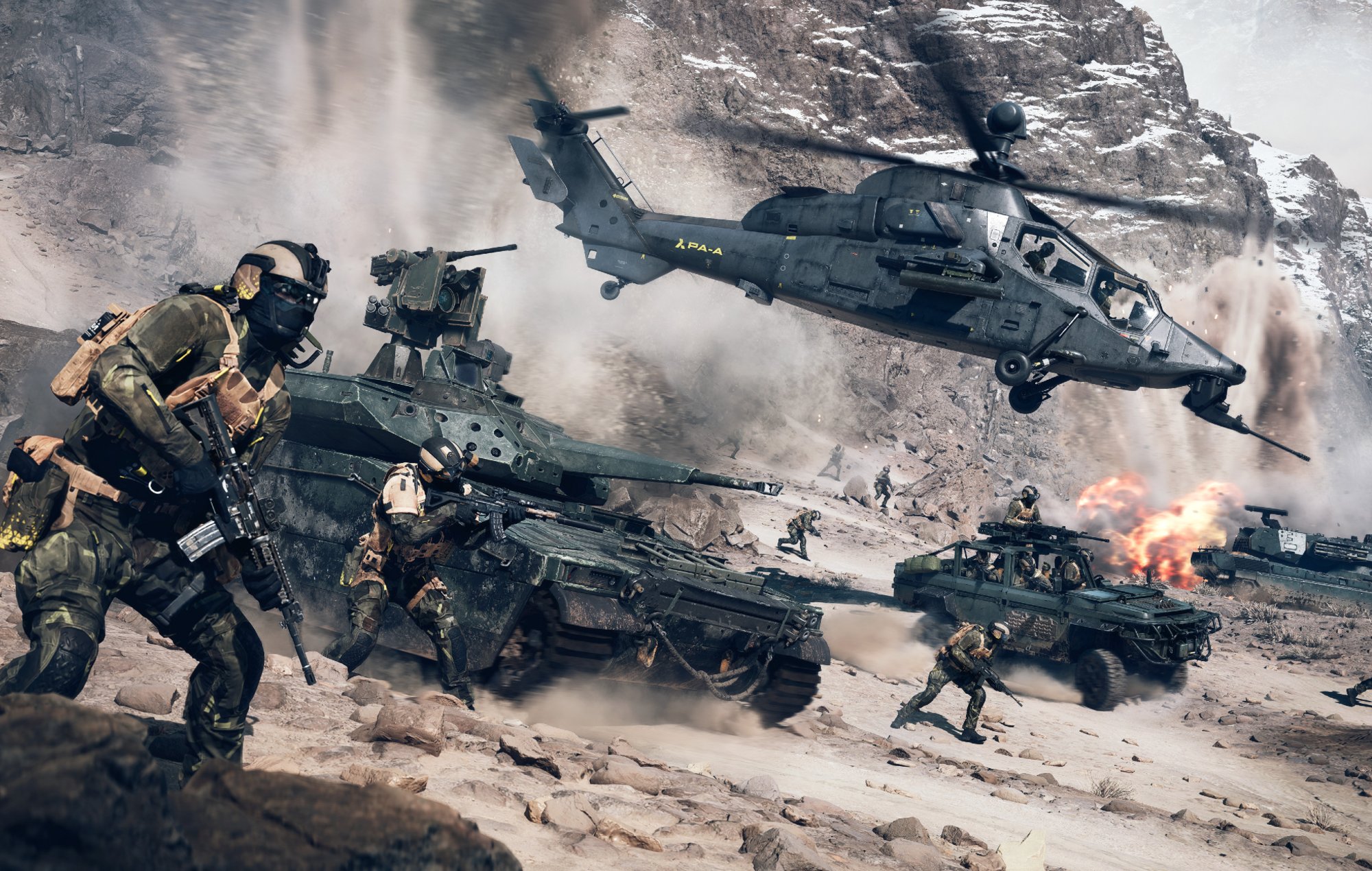 Battlefield 6 Game Pass: Several soldiers and vehicles can be seen on a battlefield.