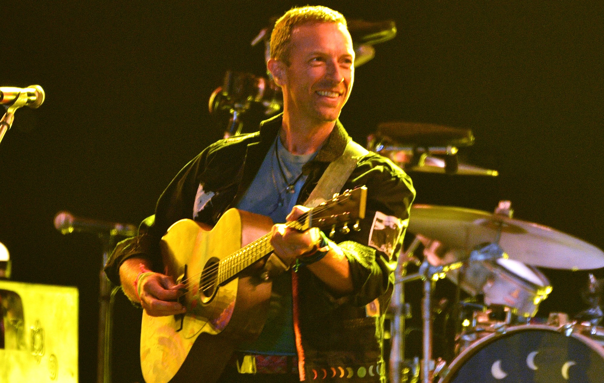 Chris Martin of Coldplay performs at Glastonbury 2024.