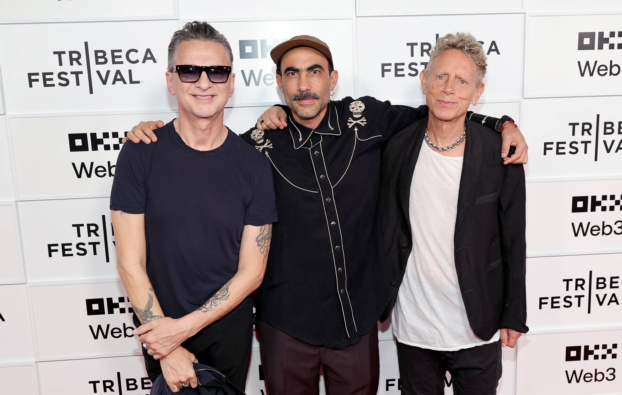 Dave Gahan, Fernando Frías and Martin Gore attend the "Depeche Mode: M" Premiere during the 2025 Tribeca Festival at BMCC Theater on June 05, 2025 in New York City. (Photo by Dia Dipasupil/Getty Images for Tribeca Festival)