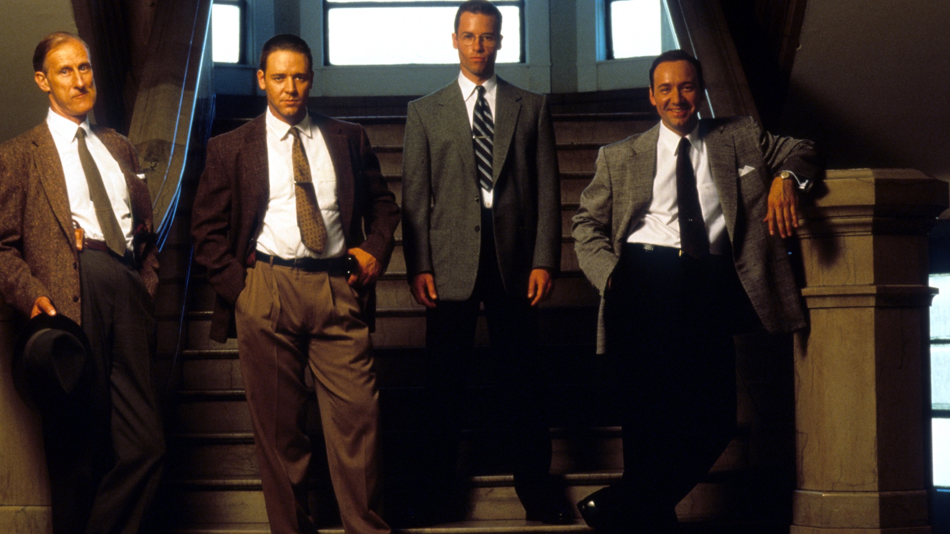 James Cromwell, Russell Crowe, Guy Pearce and Kevin Spacey in publicity portrait for the film 'L.A. Confidential', 1997. CREDIT: Warner Brothers via Getty Images