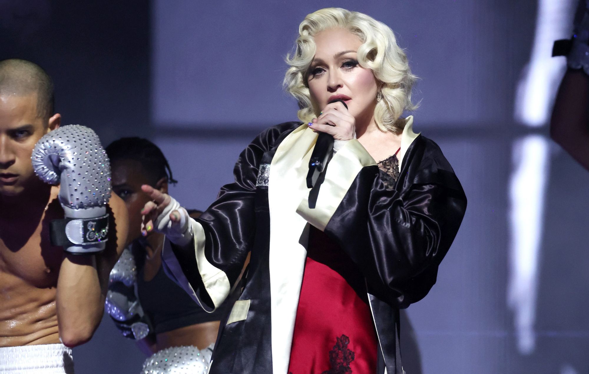 Madonna performs onstage during "The Celebration Tour"