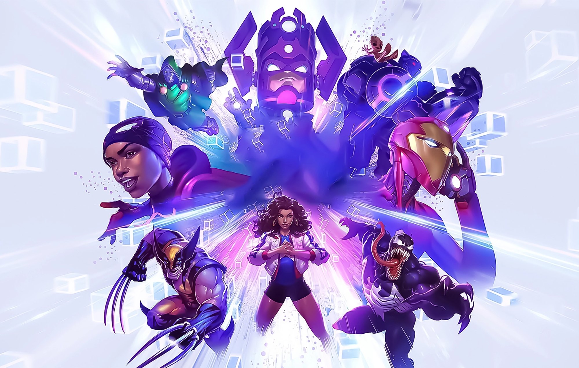 Marvel Snap Mobile Legends Bang Bang Banned US Return: Marvel Snap's keyart is seen with Miles Morales, Wolverine, America Chavex, Venom, Iron Man, Doom, Galactus, and more.