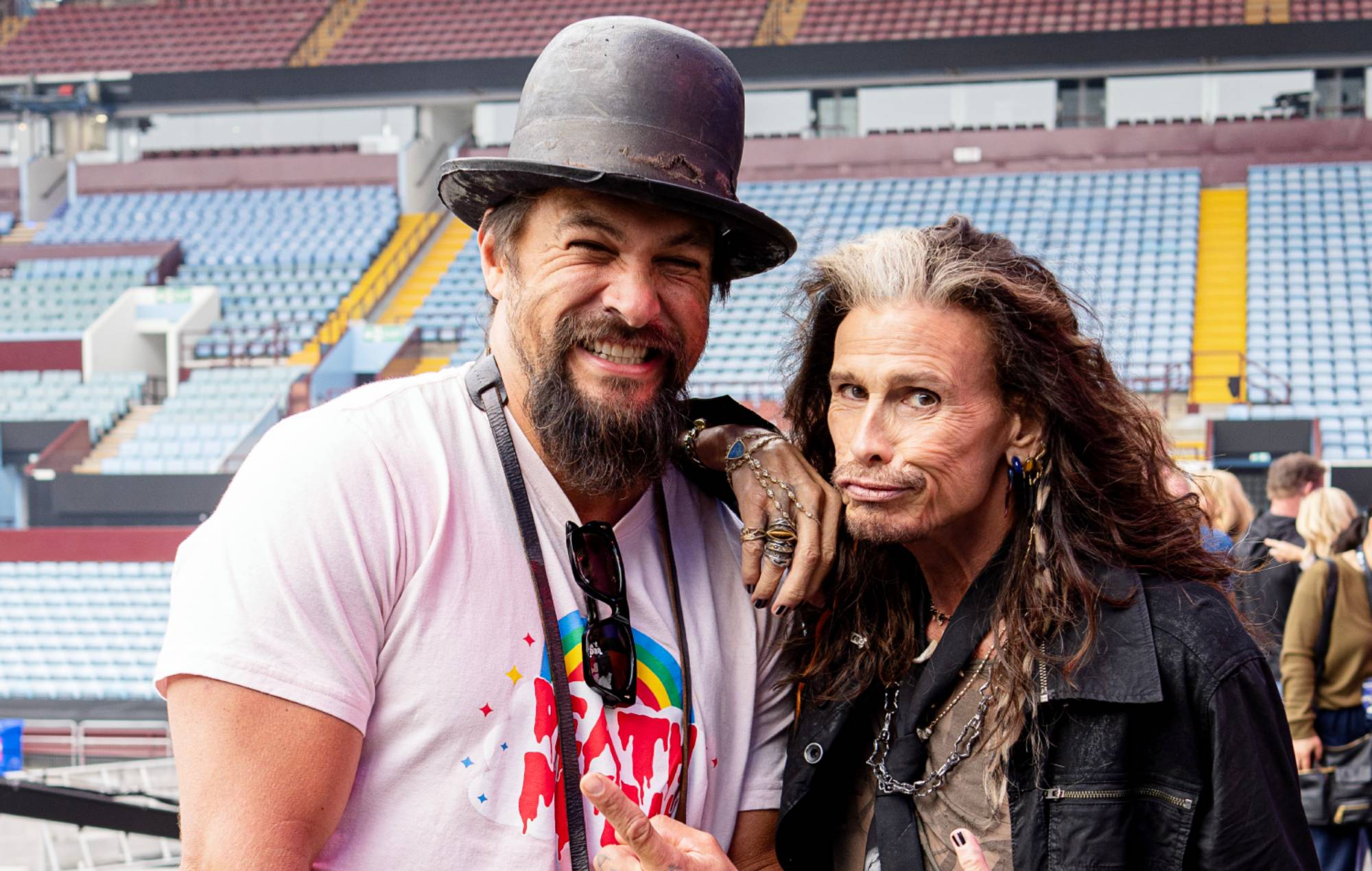 Jason Momoa and Steven Tyler perform at Black Sababth's 'Back To The Beginning' in Birmingham. Credit: Ross Halfin