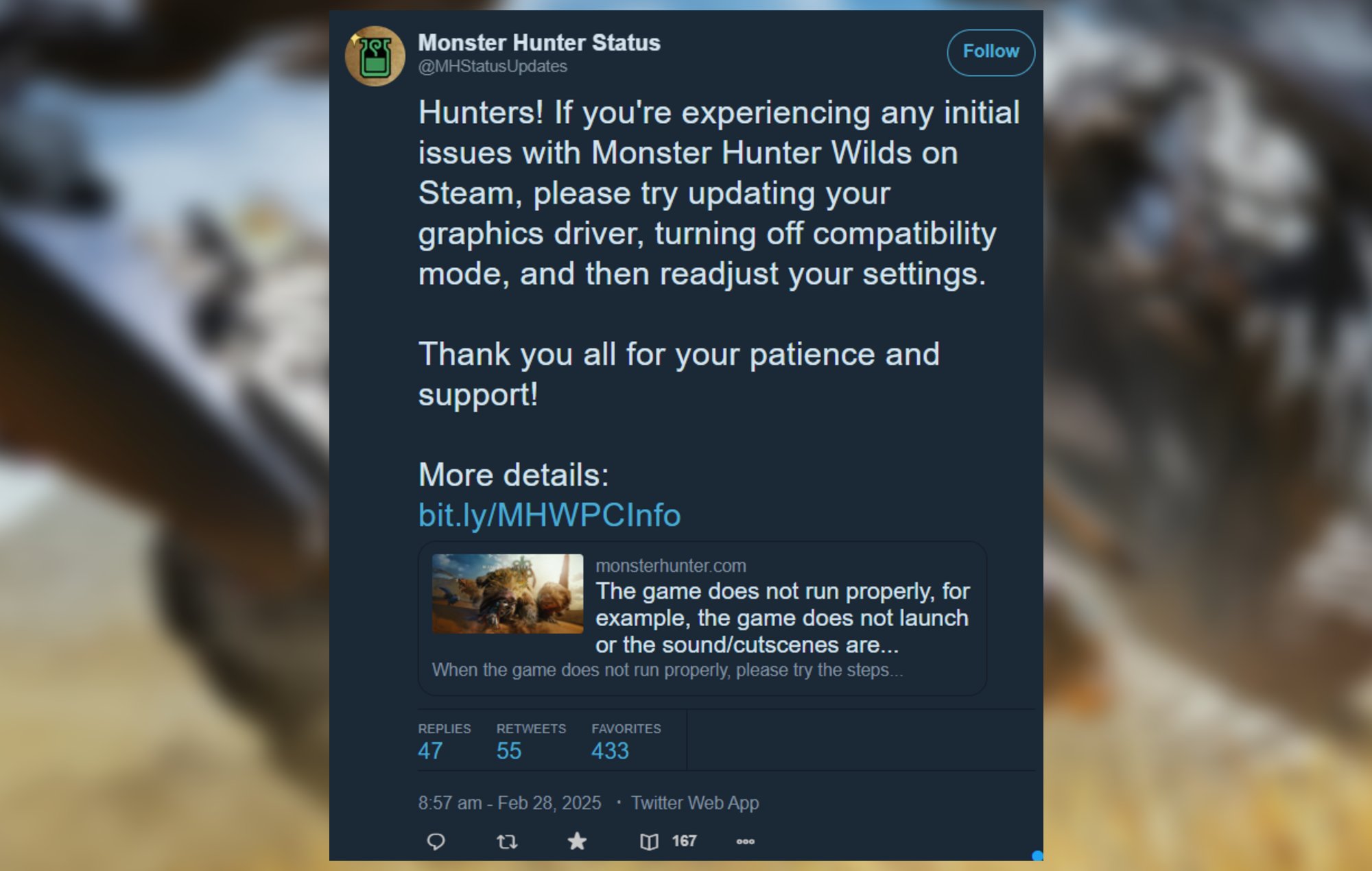 Monster Hunter Wilds Performance Fixes: Capcom's tweet on some fixes can be seen.