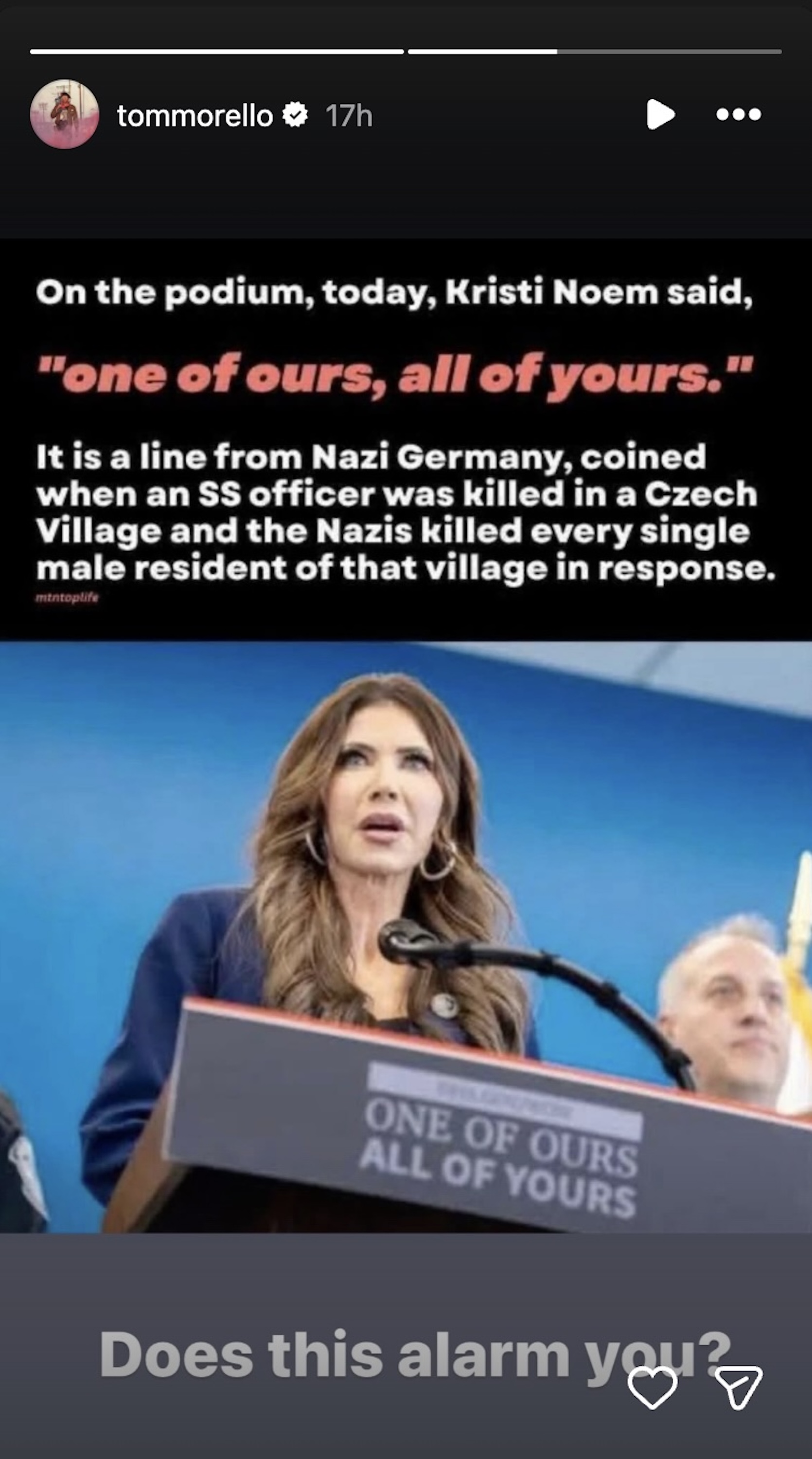 Tom Morello post on Instagram Stories screenshot