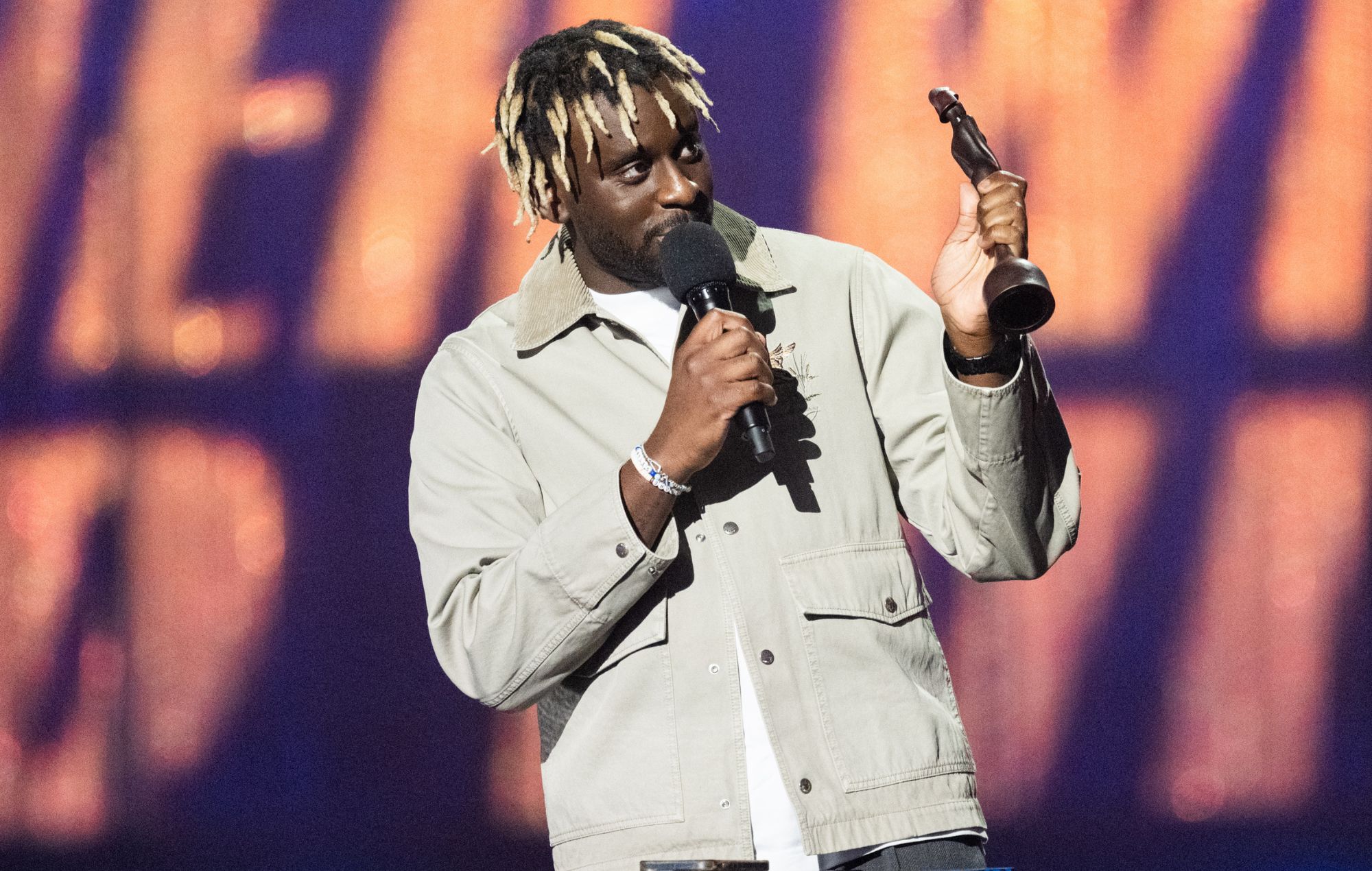 Myles Smith accepting the Rising Star award on stage during The BRIT Awards 2025
