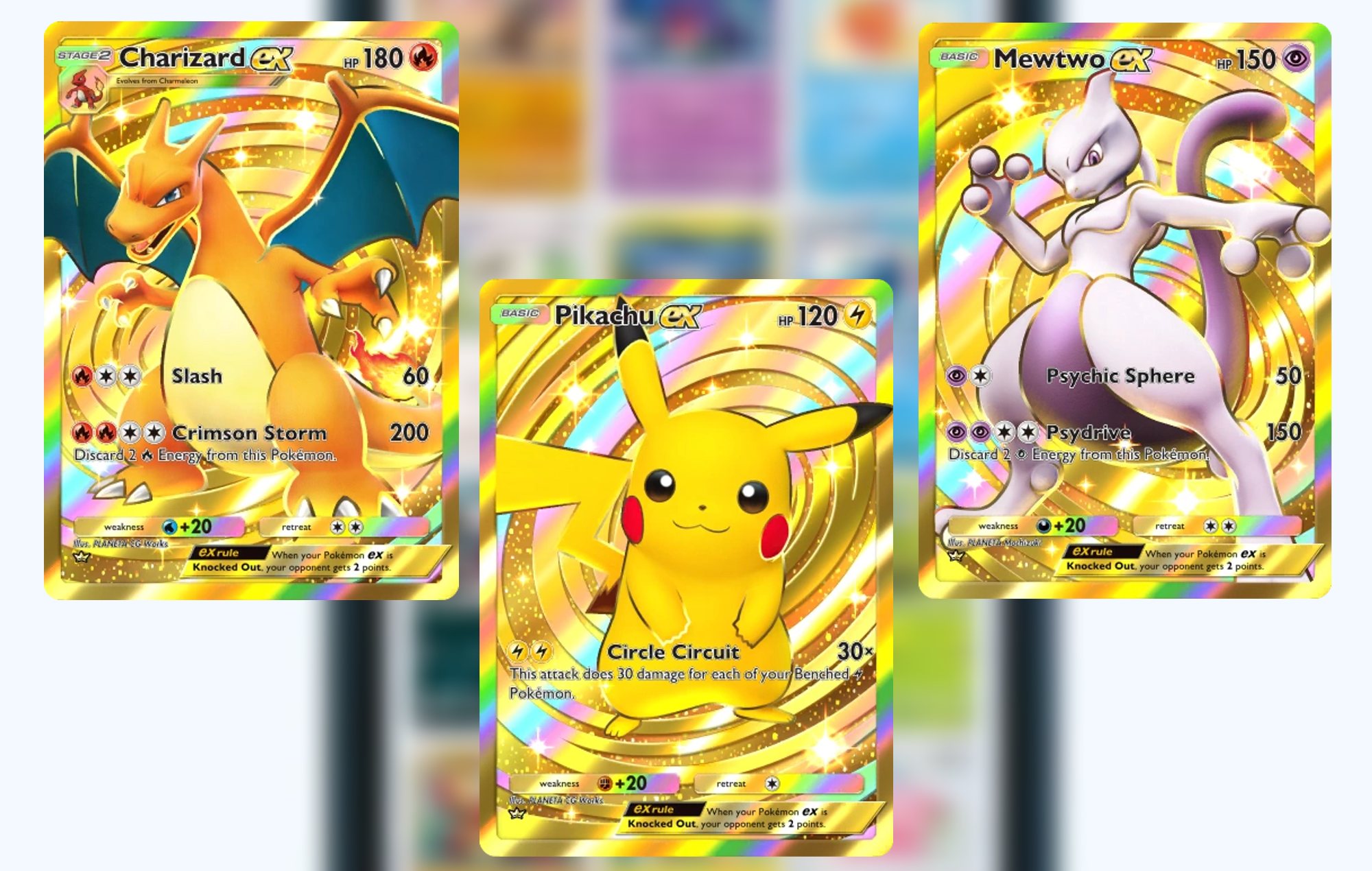 Pokemon TCG Pocket Rarest Cards: Crown Pikachu, Mewtwo, and Charizard can be seen