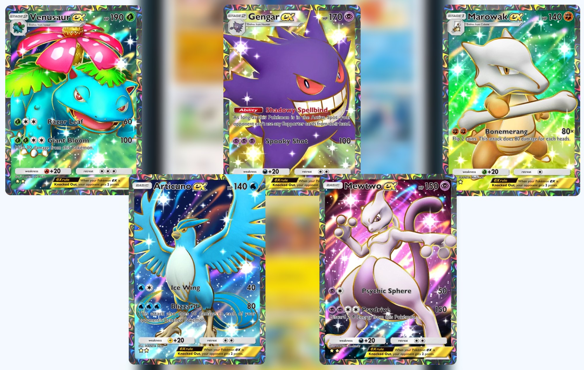 Pokemon TCG Pocket Rarest Cards: Venasaur, Articuno, Gengar, Mewtwo, and Marowak can be seen