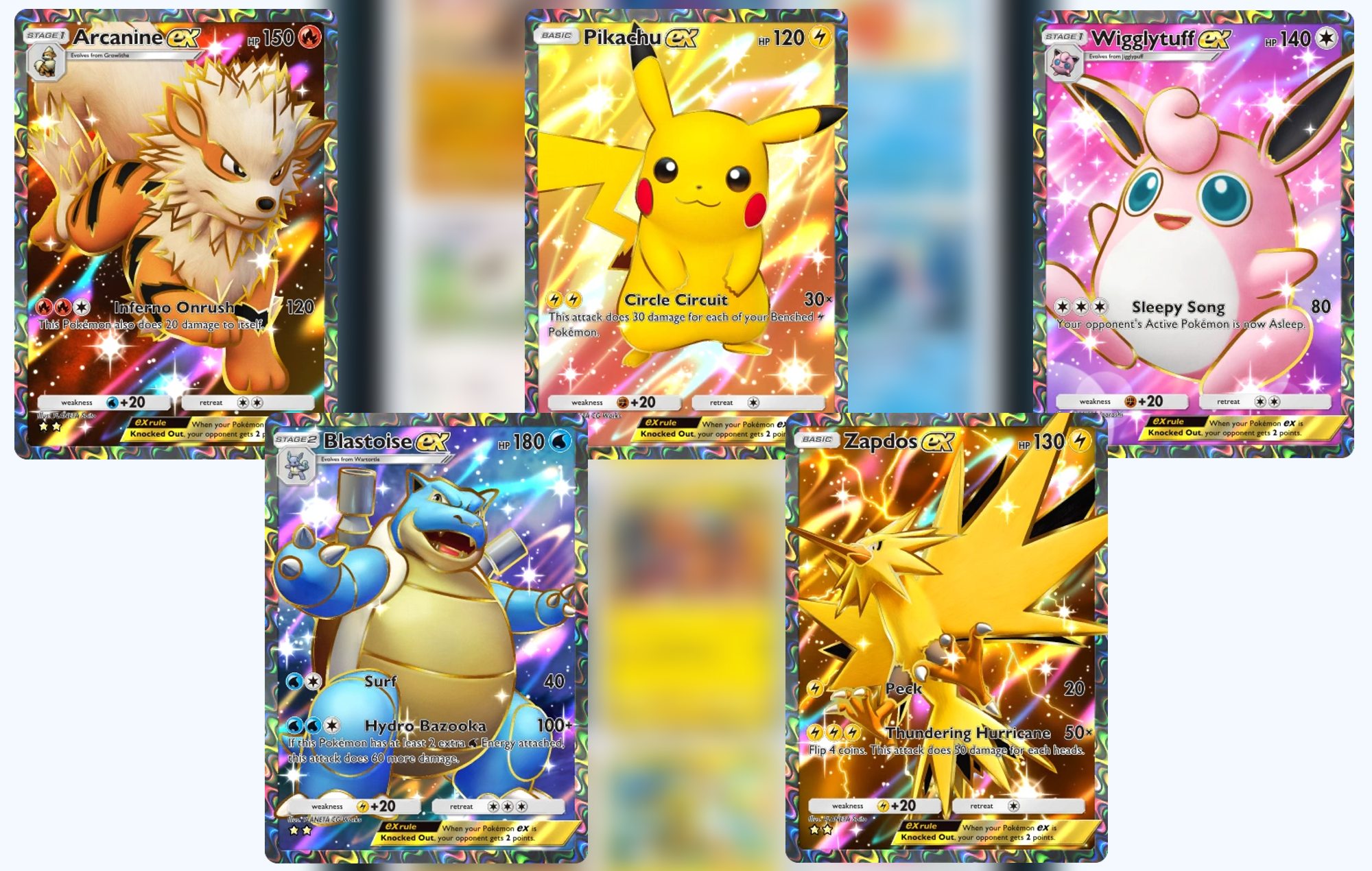 Pokemon TCG Pocket Rarest Cards: Arcanine, Blastoise, Pikachu, Zapdos, and Wigglytuff can be seen