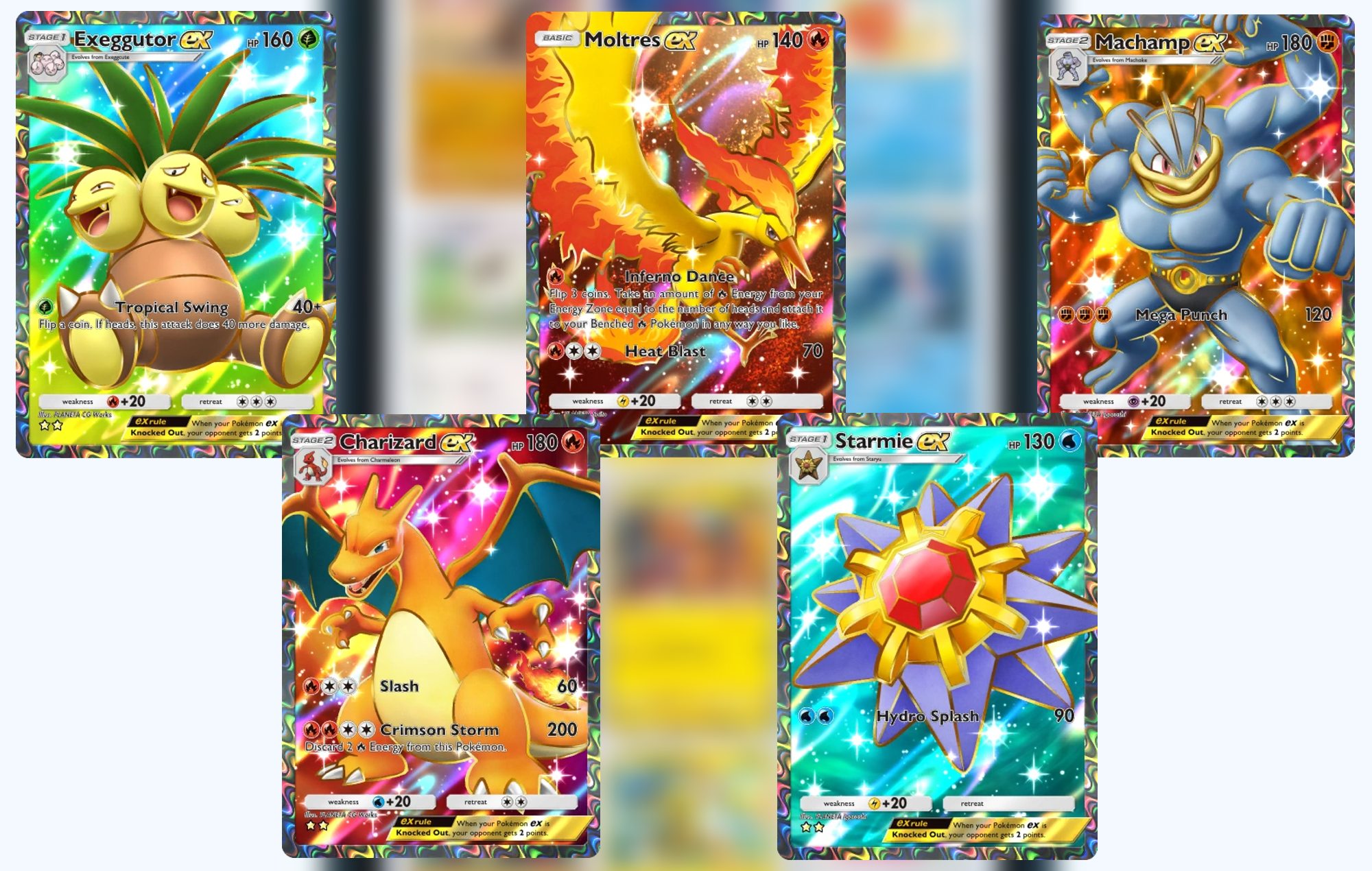 Pokemon TCG Pocket Rarest Cards: Exeggutor, Charizard, Moltres, Starmie, and Machamp EX can be seen