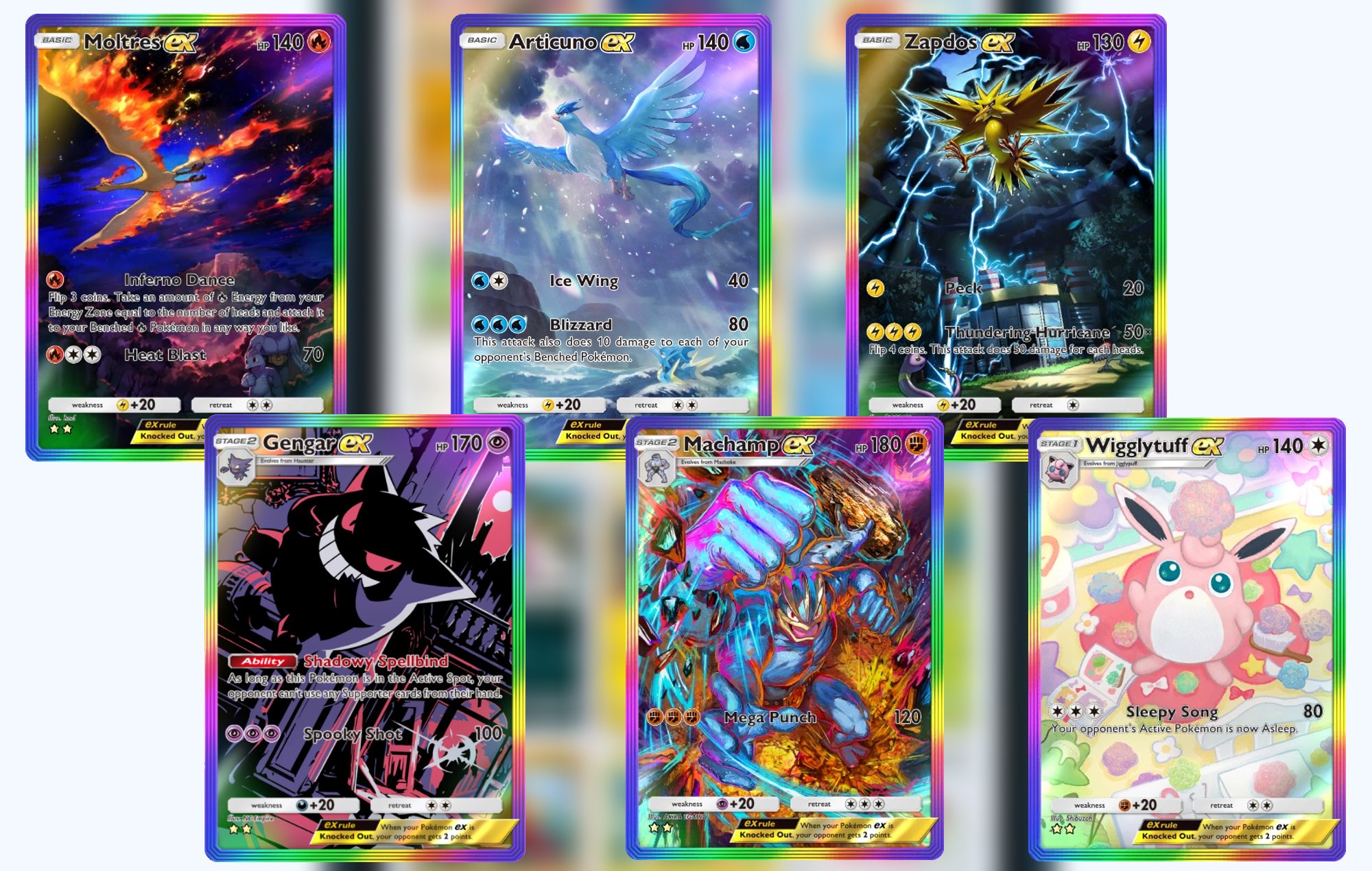 Pokemon TCG Pocket Rarest Cards: The Rainbow Full Art EX cards can be seen