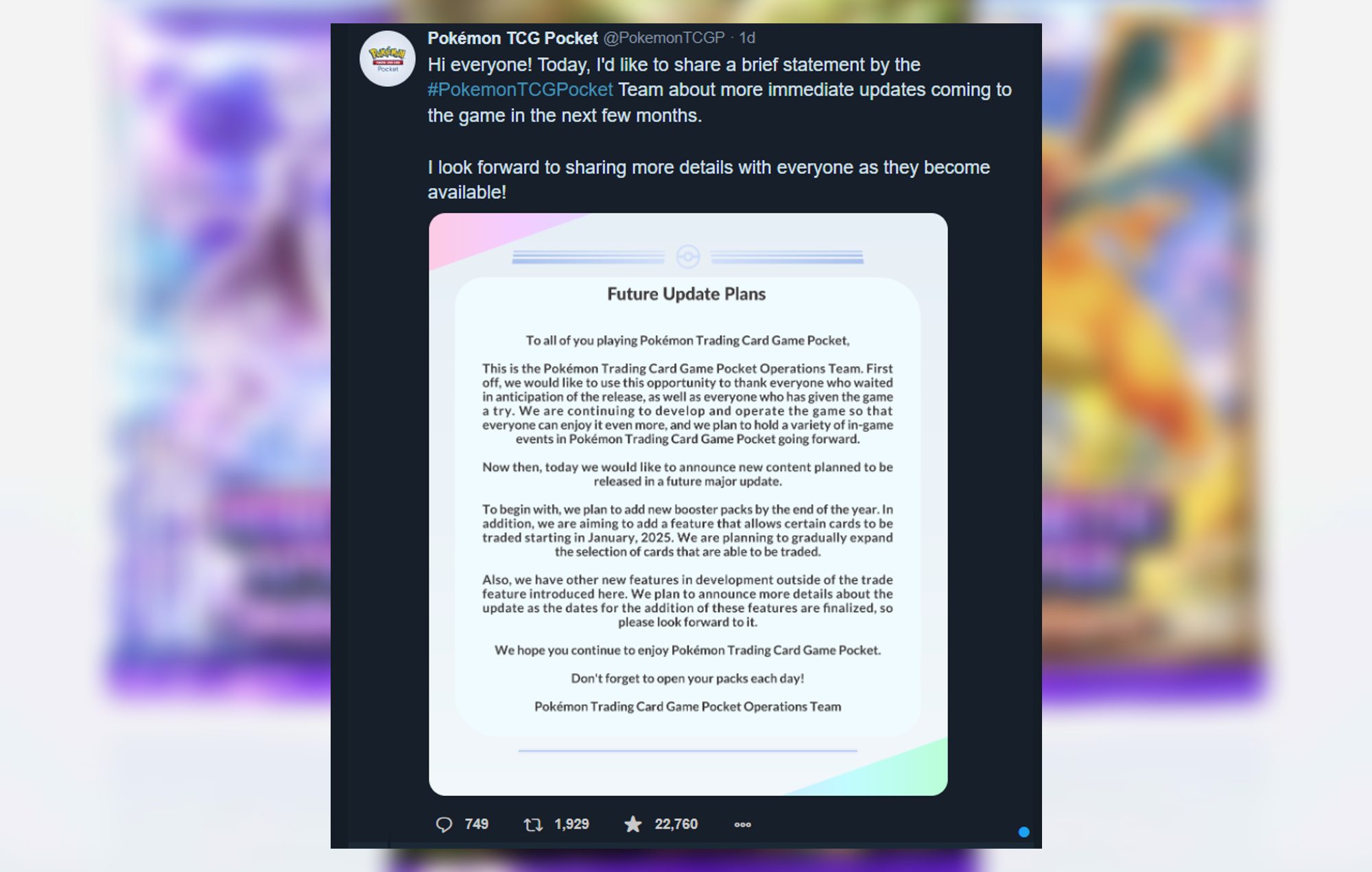 Pokemon TCG Pocket Trading: A tweet announcing the Training release window can be seen