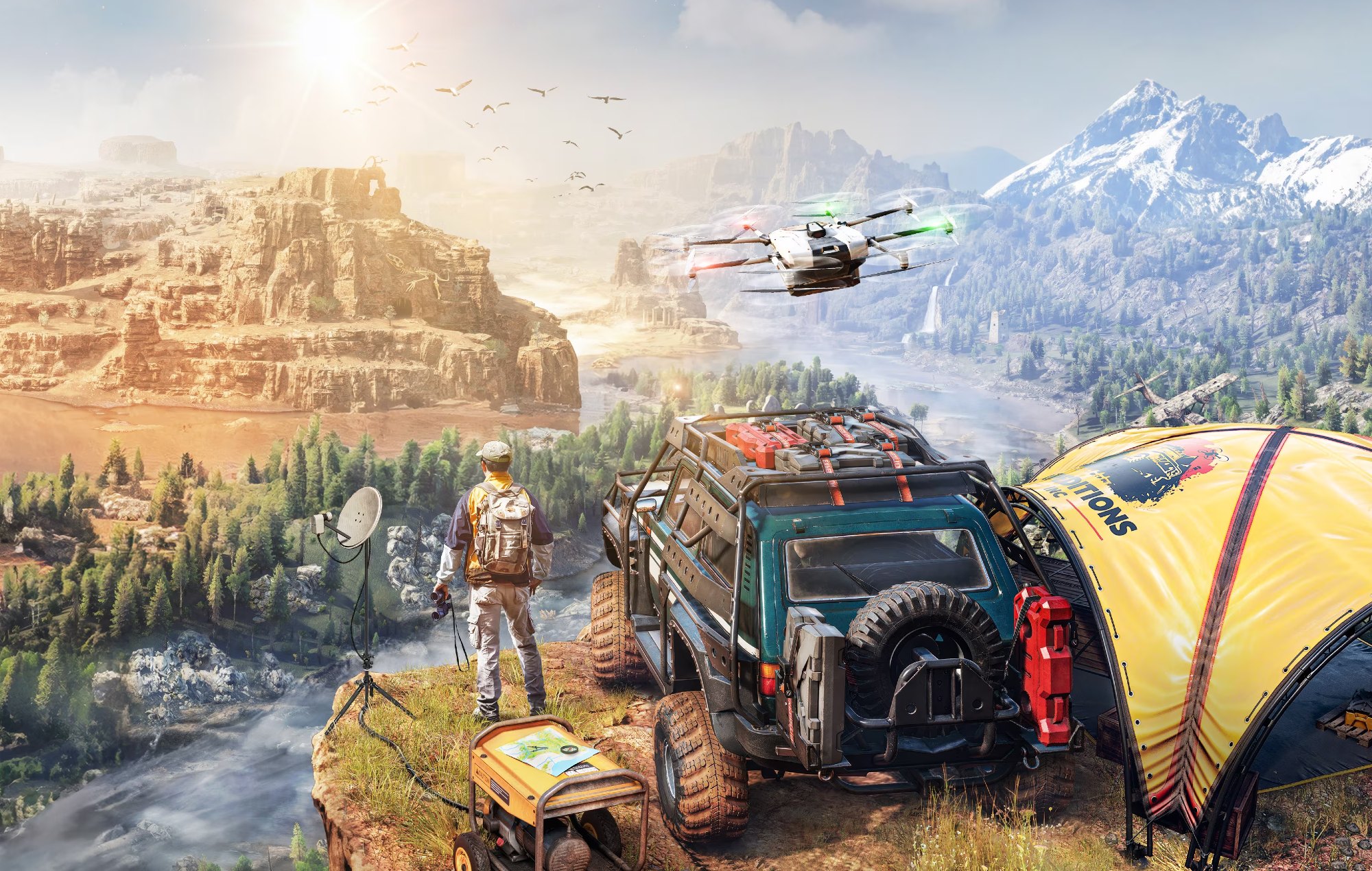 PS Plus April 2025 Games: A person and a vehicle can be seen overlooking a landscape