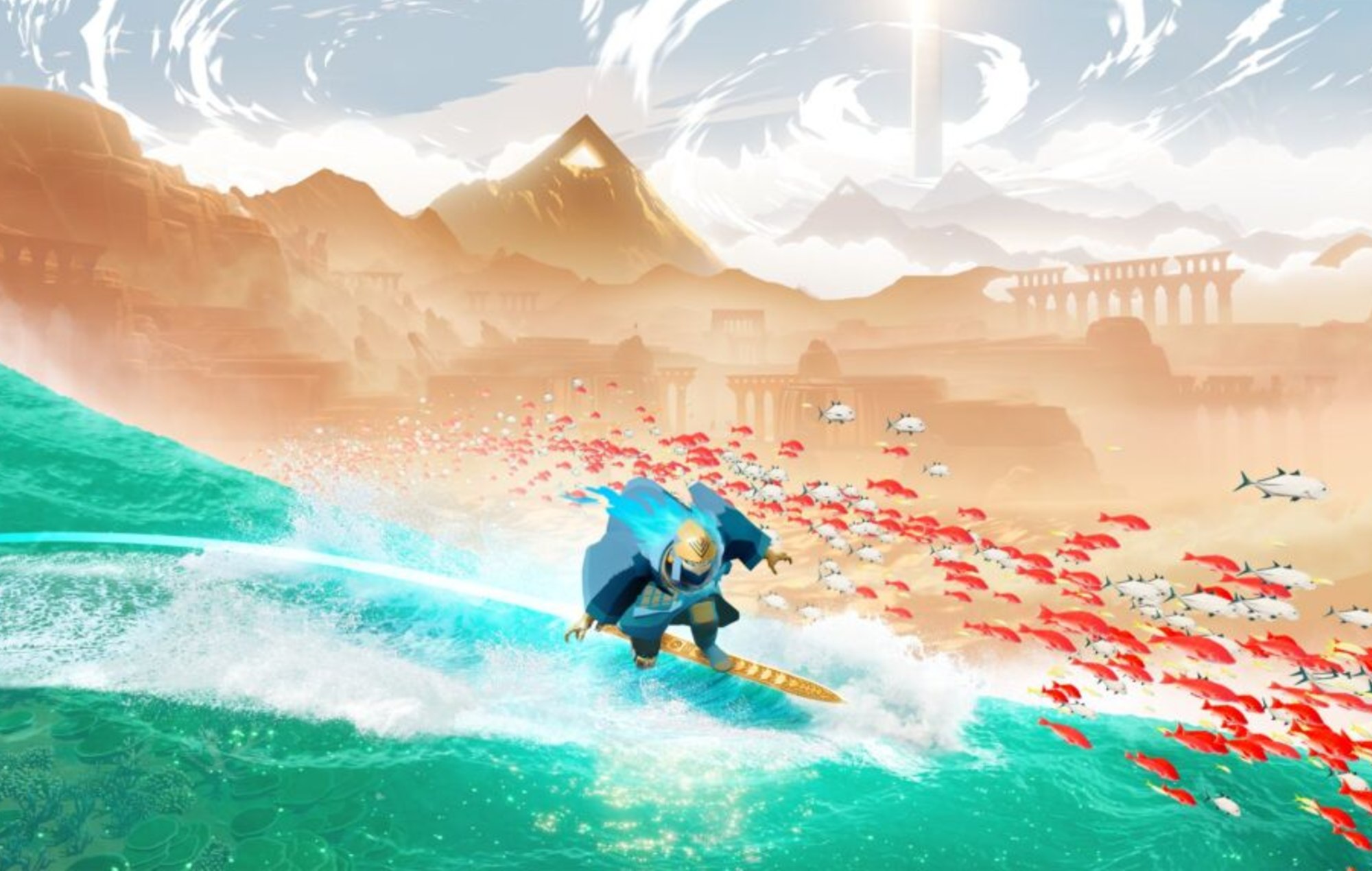 PS Plus August 2025 Games: The main character can be seen surfing on his sword.