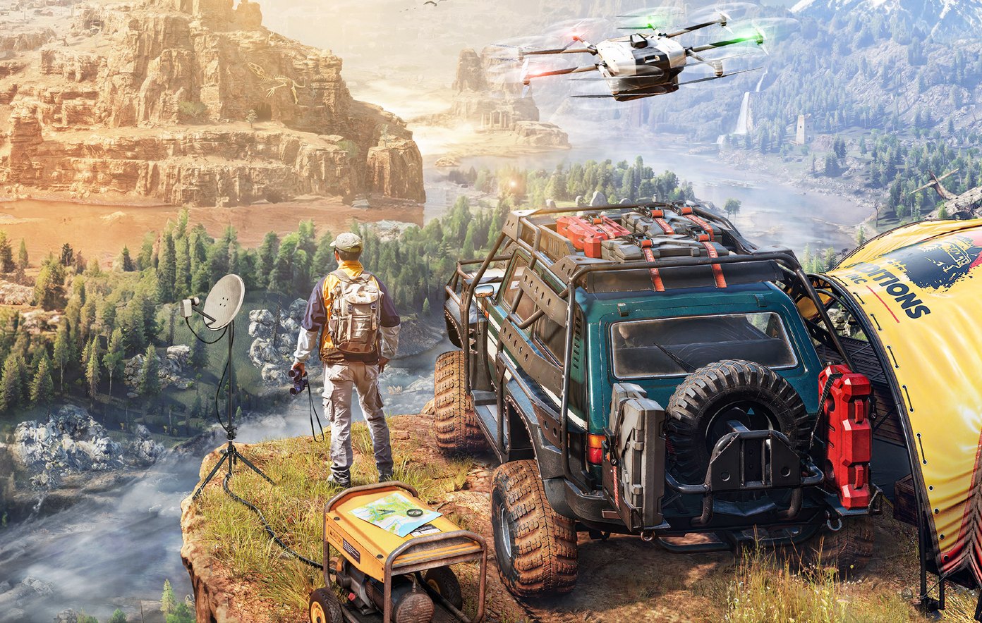 PS Plus December 2025 Games: A player and a vehicle and drone can be seen overlooking a landscape